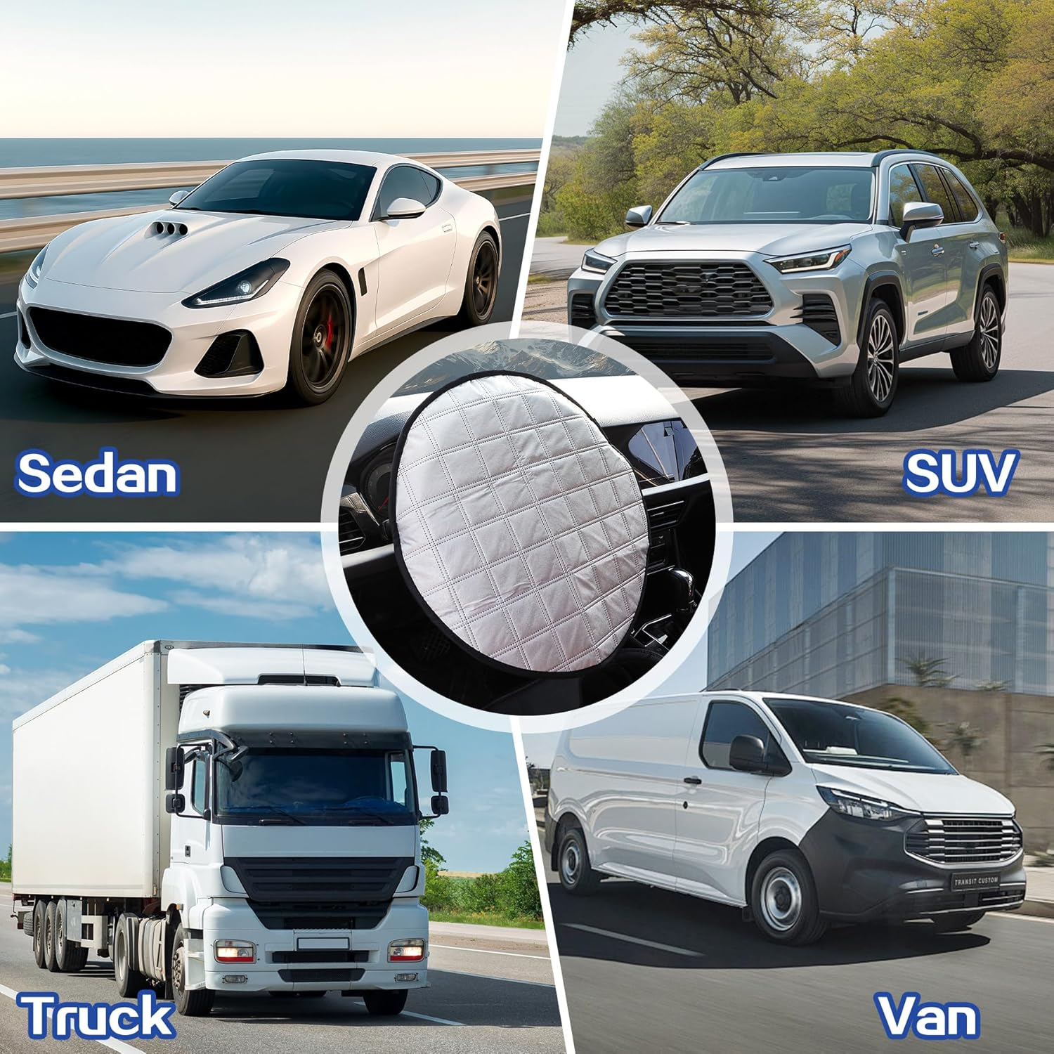 Car Steering Wheel Sun Shade Cover, Universal Steering Wheel Sun Block Anti-Heat UV Rays Block Aluminum Foil Sunshade Cover, Reflective & Foldable Interior Accessories for Sedan SUV Truck RV (Silver) - Black image number 7