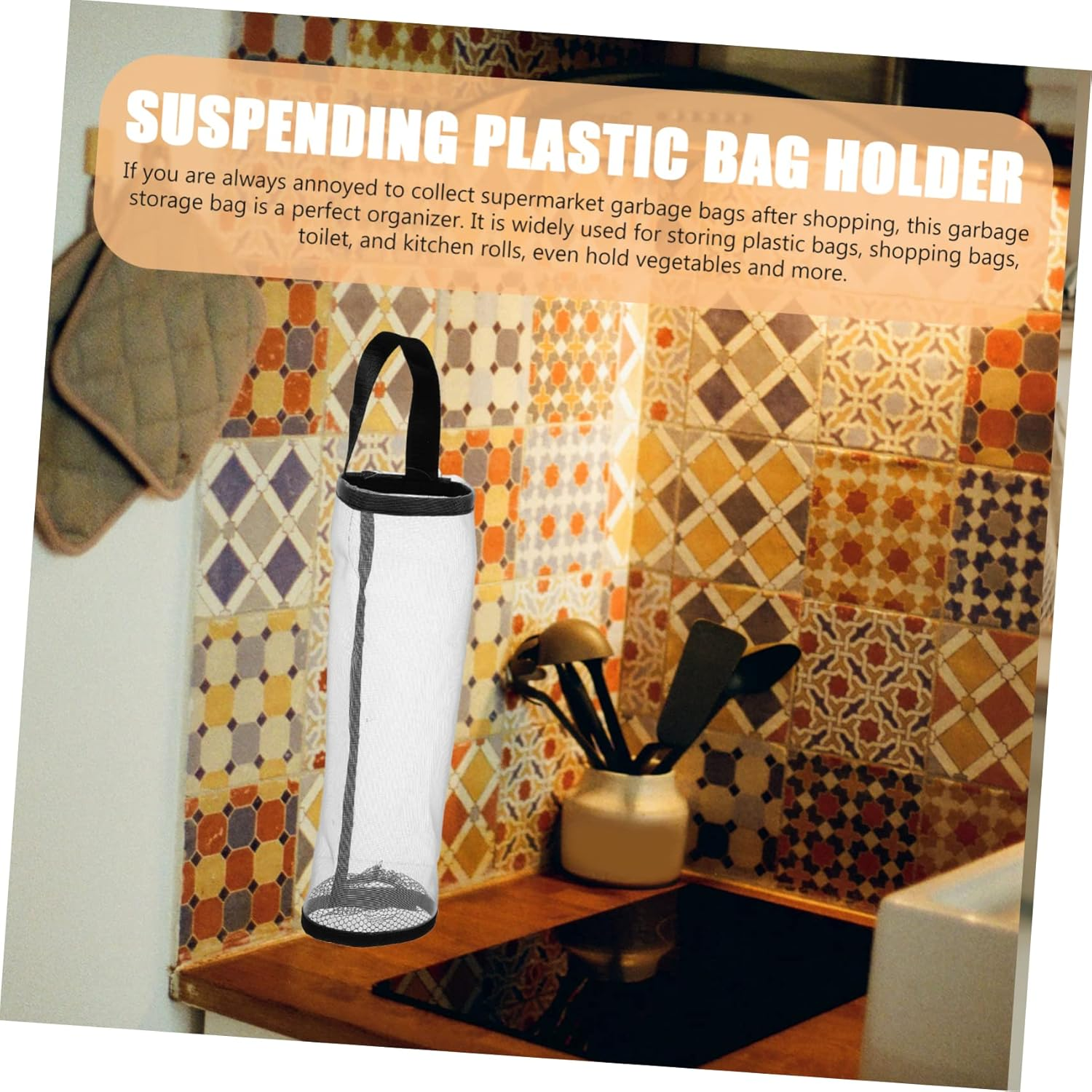 Ciieeo Hanging Kitchen Grocery Bag Holder Nylon Mesh Storage Organizer Multi-Function Trash Bag Dispenser 4Pcs Gray for Home and Kitchen Use image number 3