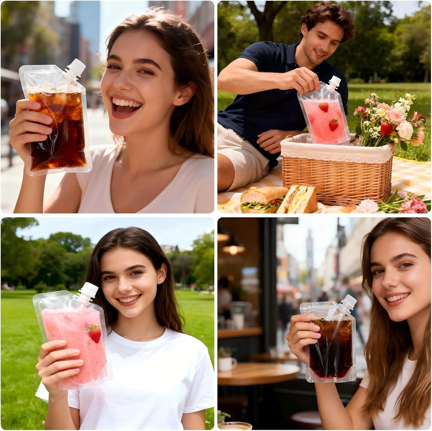 10PCS 250Ml Reusable Travel Drink Pouches - Leakproof Plastic Hip Flask with Screw Cap, Alcohol Juice Travel Plastic Flasks Bags, Foldable for Festivals, Events, Camping, Hiking (Angled Spout) image number 5