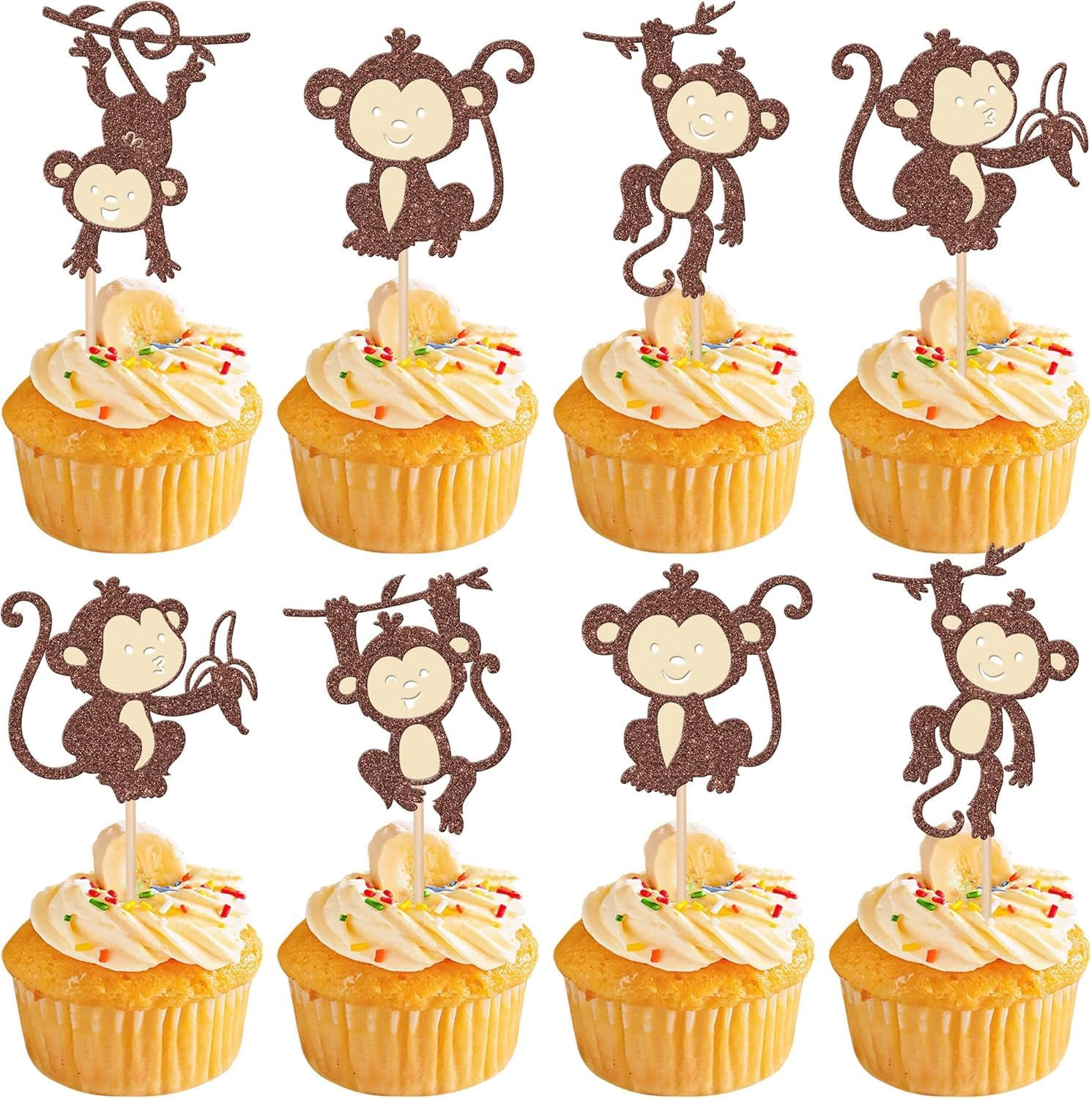 SYKYCTCY 30 Pack Monkey Cupcake Toppers Glitter Cut Monkey Animal Cupcake Picks for Forest Animals Zoo Theme Baby Shower Birthday Cupcake Decorations Party Supplies (Color-01) image number 5