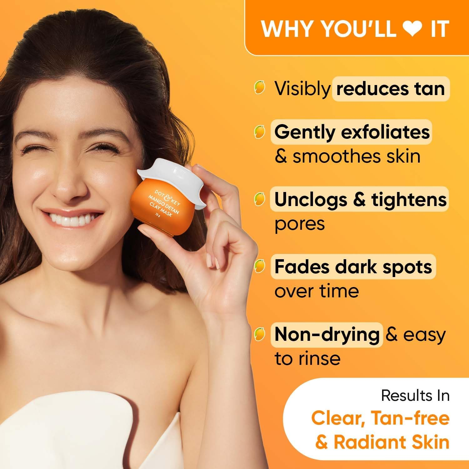 Dot & Key Mango Detan Tan Removal Clay Mask | Clay Mask for Face with Glycolic & Lactic | Great for All Skin Types | Fresh Juicy Mango Fragrance | 70Gm image number 5