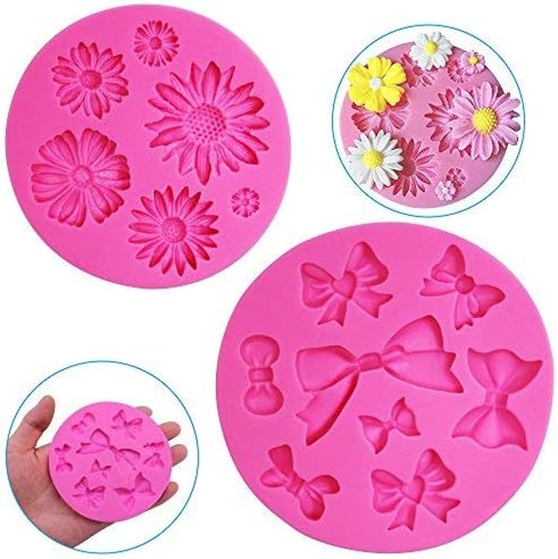 2 Pieces Decorative Silicone Molds, Chrysanthemum Flower and Bow Tie Shaped, Finegood Chocolate Fondant Clay Sugar Craft Soap Decoration Molds DIY Baking Cake Tool - Pink