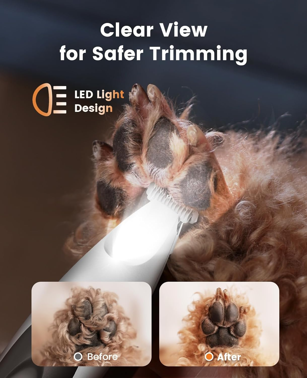 Oneisall Dog Paw Trimmer with LED Light, 20 Mm Widen Blades Paw Trimmer for Dogs, Pet Paw Grooming Clippers 35 Db Low Noise, Cordless Dog Clippers for Face, Ear, Butt image number 2