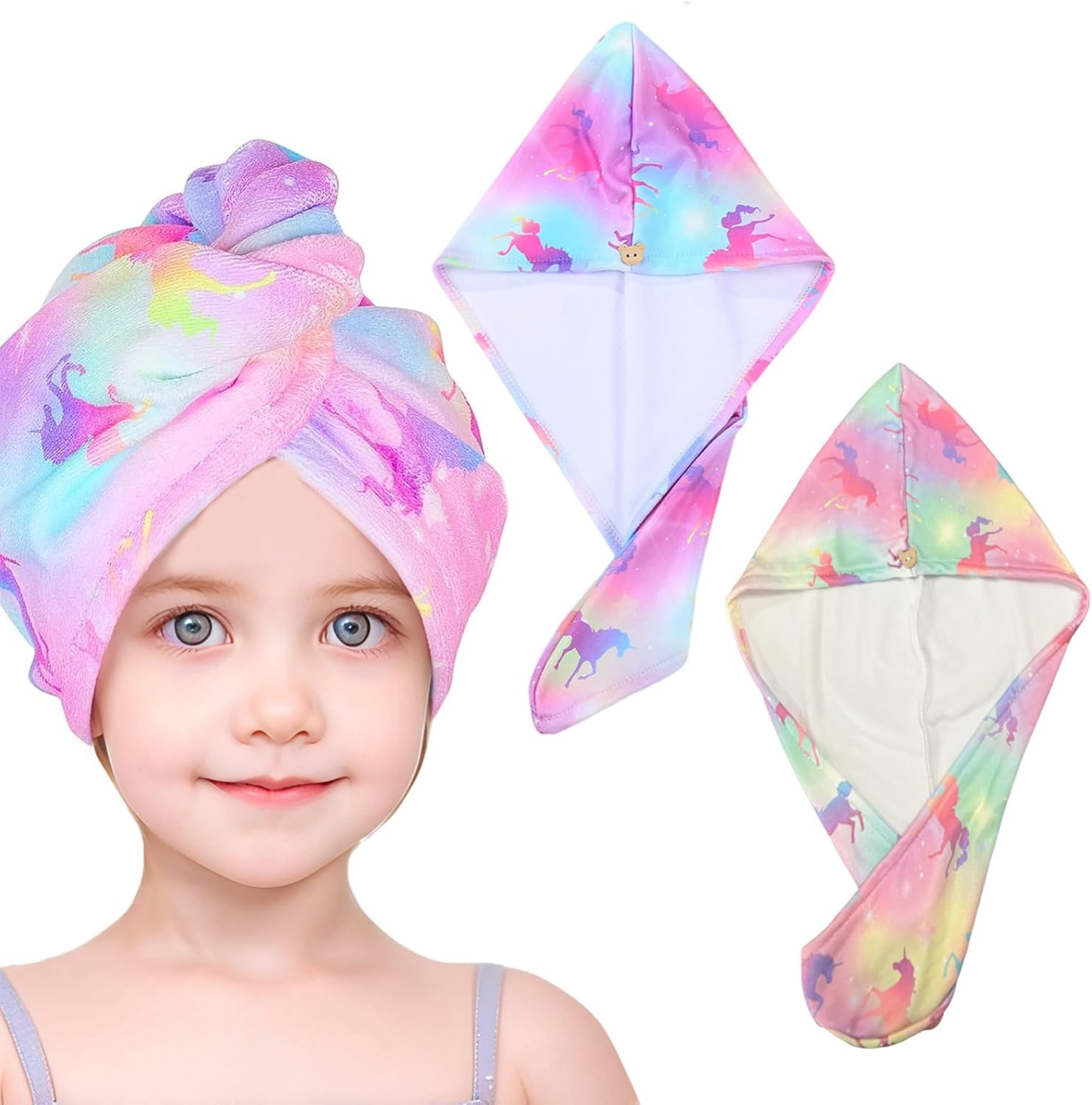 Microfiber Hair Towel Wrap for Kids, 2 Pack Fast Drying Hair Wrap with Buttons, Quick Dry Twisty Hair Towels Wrap for Curly Long Thick Hair anti Frizz (2Pcs Unicorn, One Size) image number 1