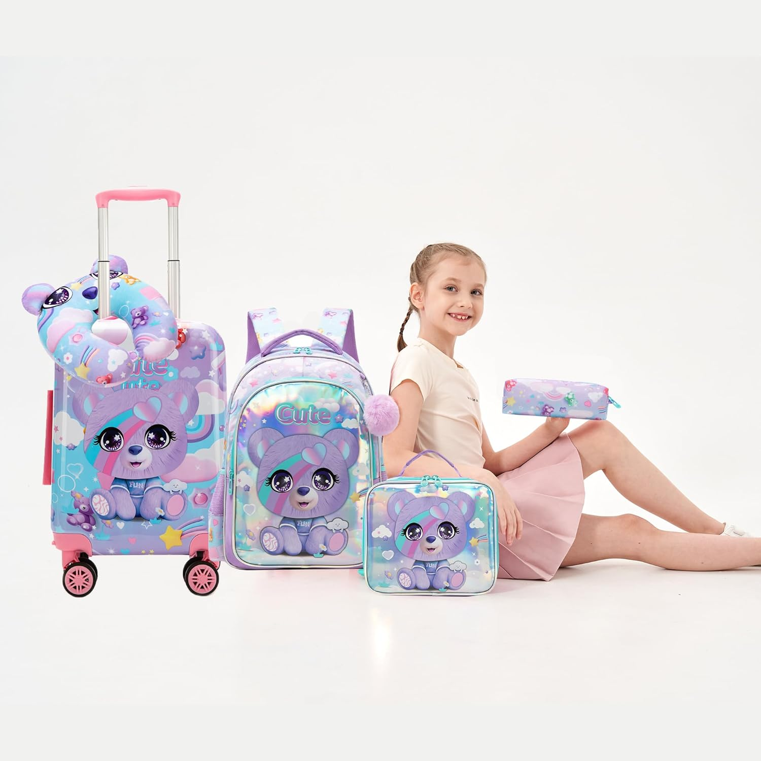 Homskiii Kid'S Luggage Set 5 Piece Suitcase Set 16" Hardside Luggage with Spinner Wheels Girls Boys Carry on Rolling Suitcase, a Bear, 16Inch - A Cat image number 4