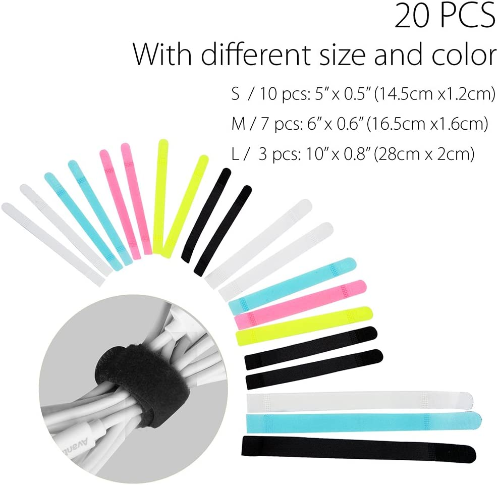 Avantree Pack of 20 Reusable Cord Organizer Keeper Holder, Fastening Cable Ties Straps for Earbud Headphones Phones Wire Wrap Management, Assorted 3 Size and 5 Color image number 6