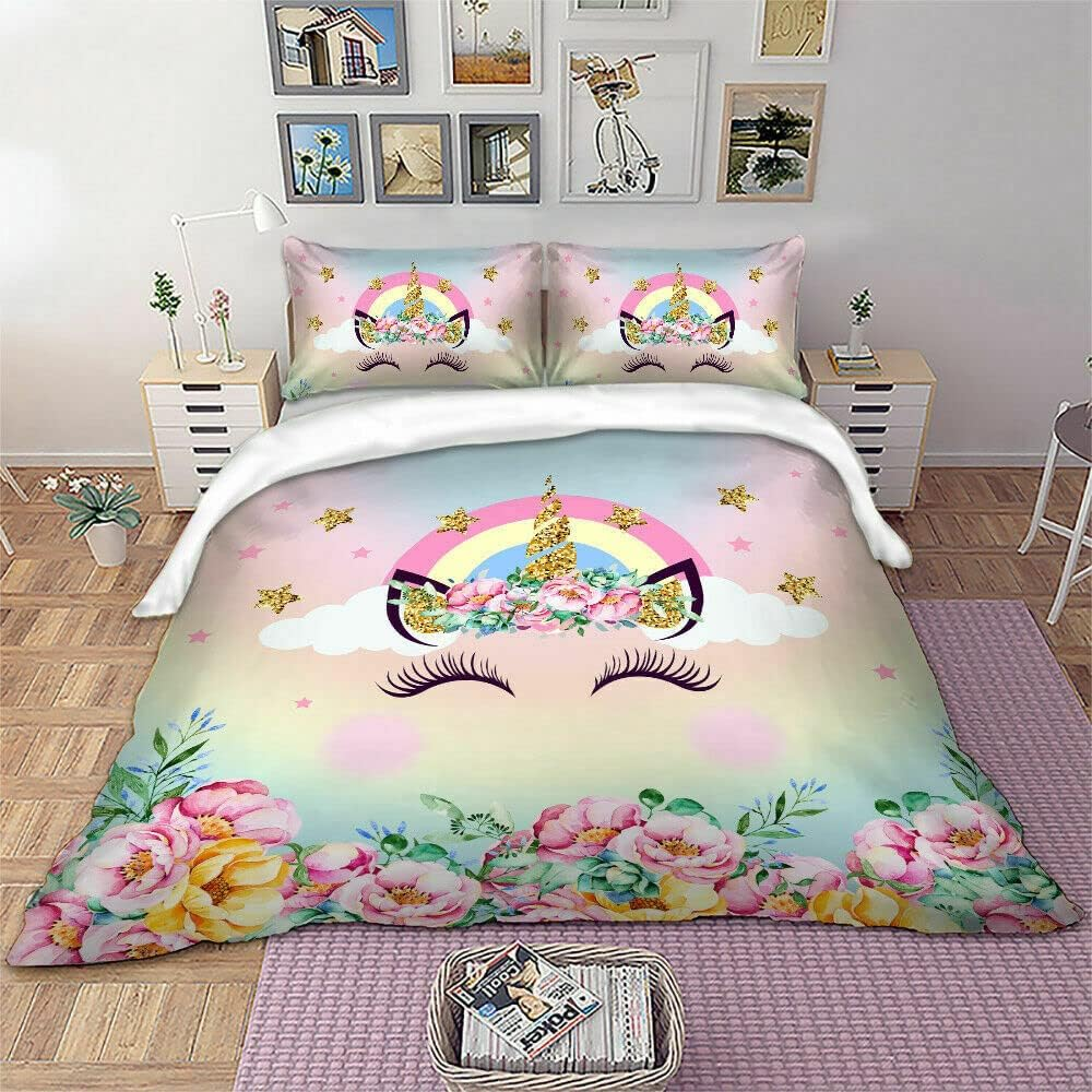 Happy Smiling Unicorn Quilt Doona Duvet Cover Set Single Double Queen Size Available Single, 1 Pillow Case image number 4