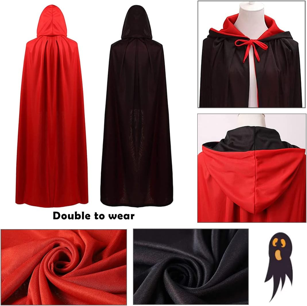 Halloween Vampire Cloak W/T Cross Necklace Black & Red Reversible Hooded Witch Cape Adult Youth Wizard Witch Vampire - 120Cm image number 3