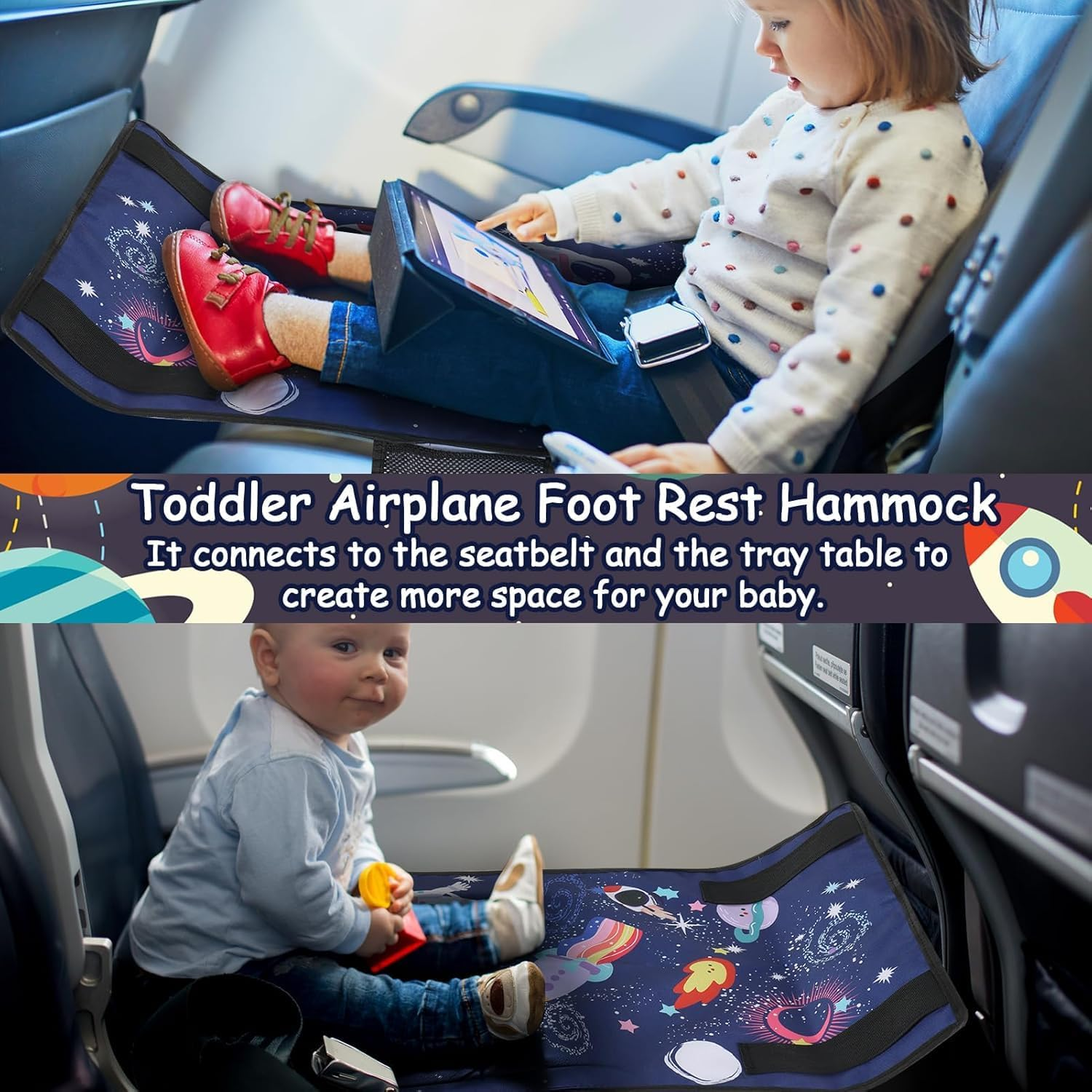 Toddler Airplane Bed, Kids Airplane Seat Extender Travel Bed, Kids Airplane Travel Essentials, Airplane Must Have for Toddlers, Portable Plane Bed Foot Rest for Flights (Starry Sky Blue) image number 2