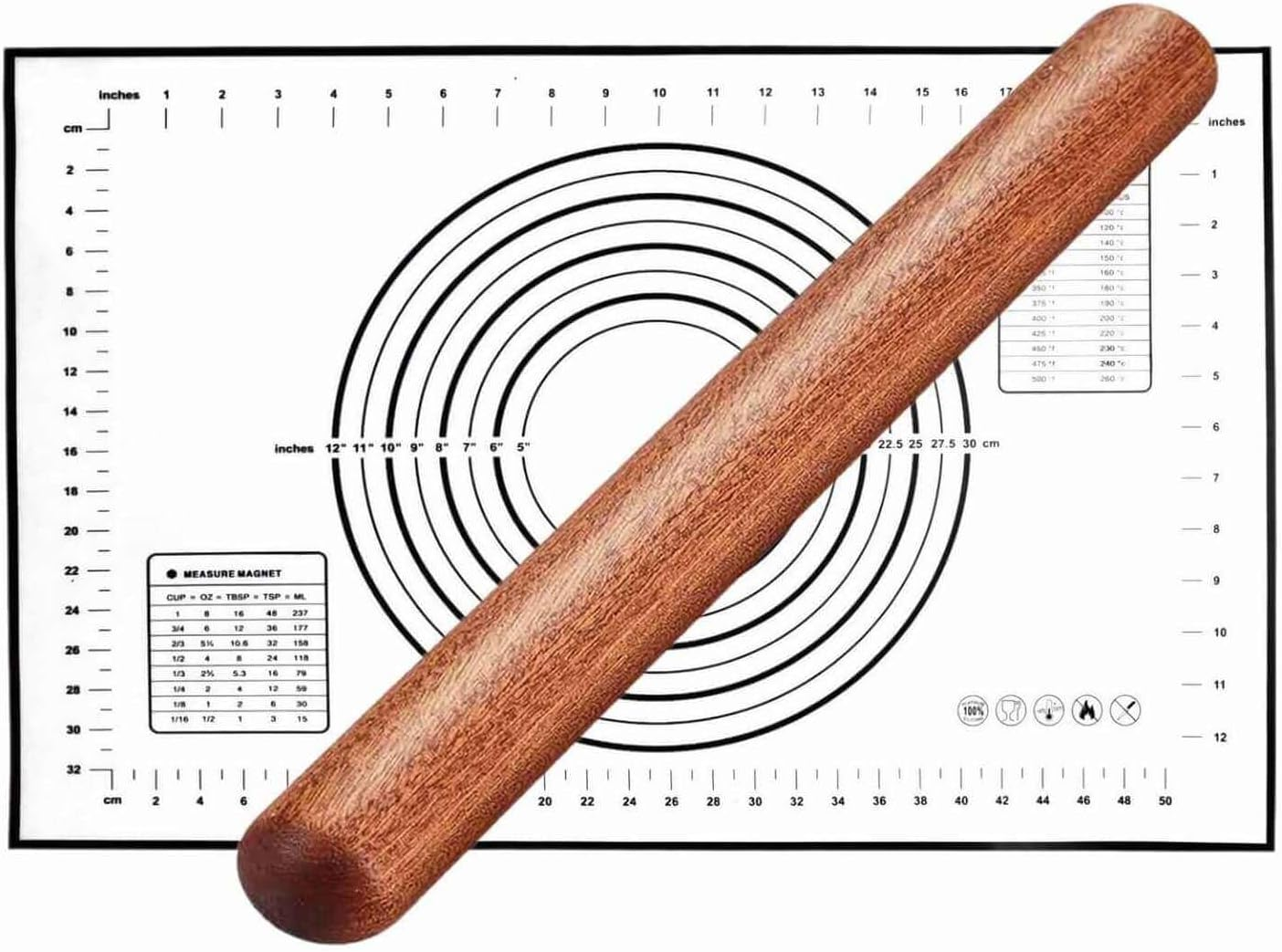 NASNAIOLL Rolling Pin and Pastry Baking Mat Set,Wood Rolling Pin for Baking,Silicone Baking Mat,Non-Stick French Rolling Pin and Dough Rolling Mat Ideal for Bread,Cookie,Tortillas,Pasta,Pizza (Black)&hellip;