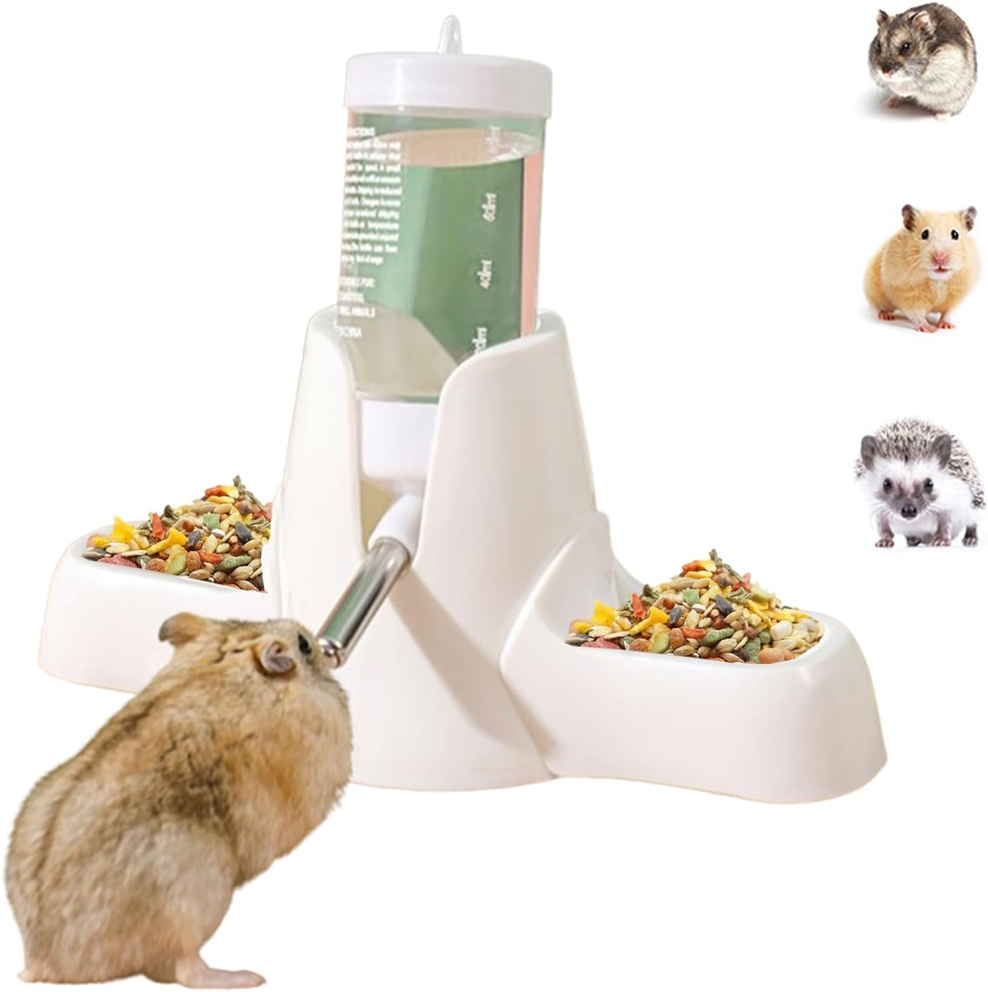 SUSOO 3-In-1 Hamster Water Bottle and Food Dispenser Set, Automatic Leak-Proof Waters Feeder for Small Animal Cage Accessories, Stand Water Bottle Holder for Hamsters, Rats, Guinea Pigs,Rabbits (80Ml)