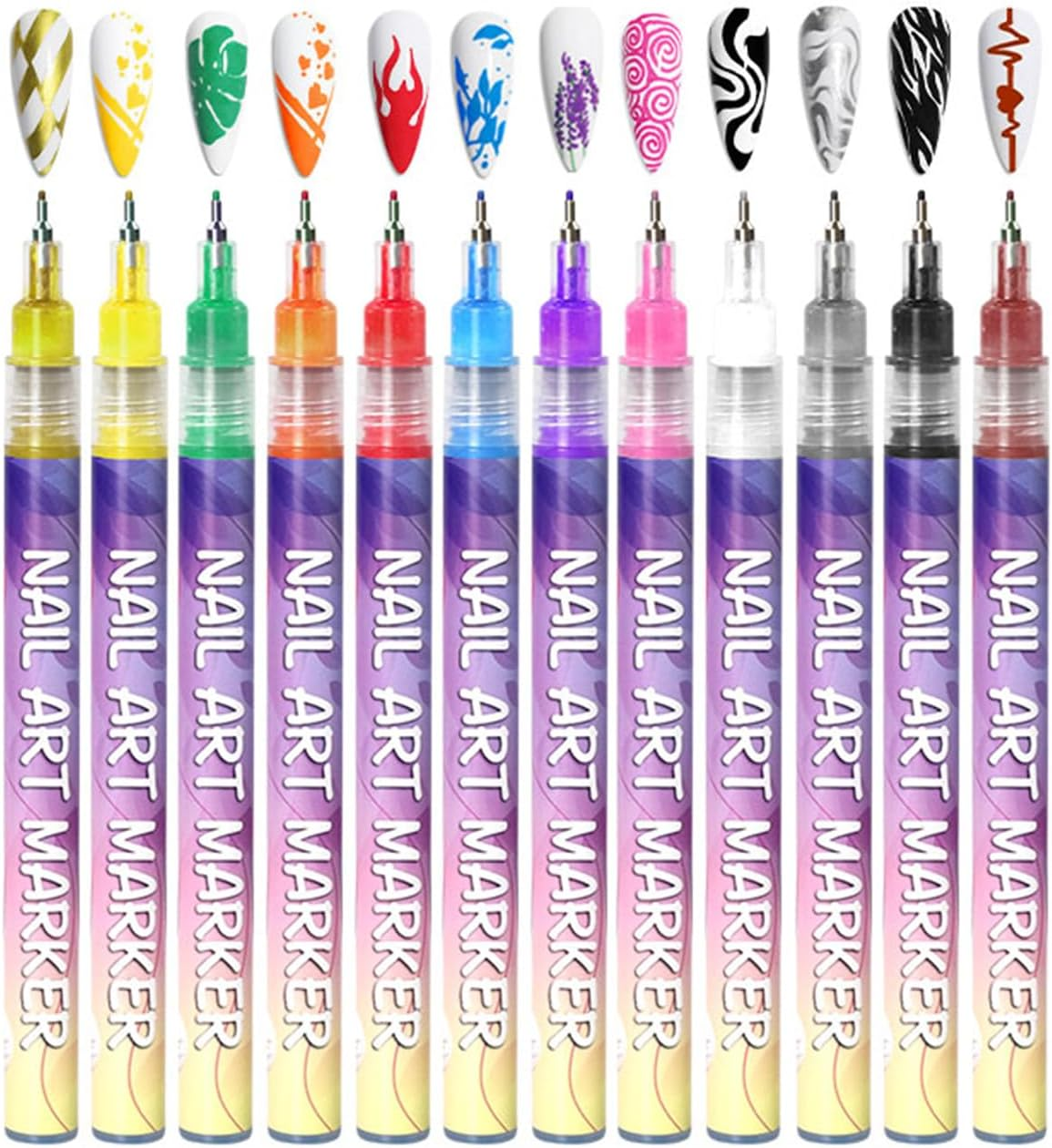 12 Colors Nail Art Pens Set, Quick-Dry 0.5Mm Tip Nail Art Markers Polish Pens, 3D Dotting Drawing Painting Point Liner Pen for Home Salon Nail DIY Design Manicure Tool image number 3