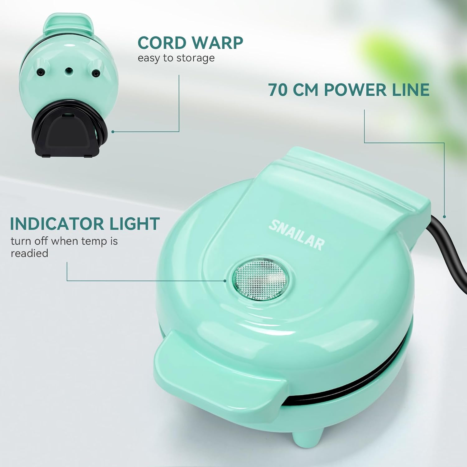SNAILAR Mini Waffle Maker Belgian Waffle Maker Small Classic Waffle Maker for Children'S Birthdays, Family Parties, Easter or Christmas, Cute and Compact Design, 550 Watts, Green - Green image number 5