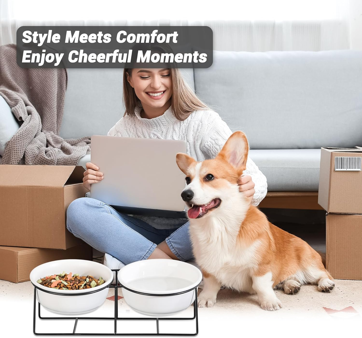 Raised Ceramic Dog Bowl with Metal Stand - Double Bowls for Food and Water - Feeding Bowl for Cats and Small to Medium Dogs - White image number 3