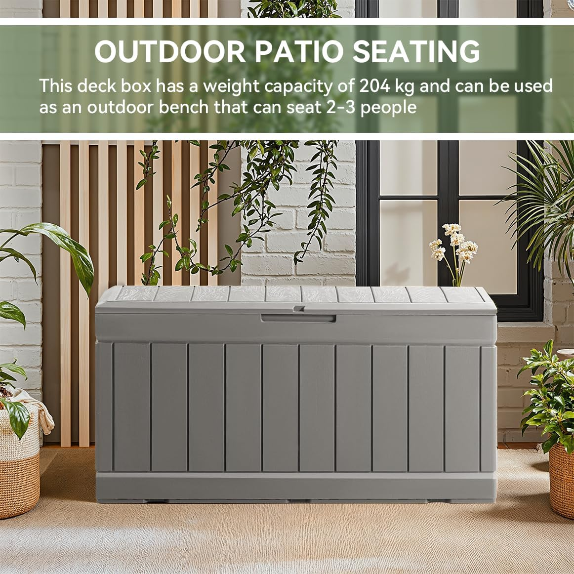 320L Lockable Resin Deck Box Waterproof Outdoor Storage Container for Patio Furniture Cushions & Pillows (Grey) - Grey image number 5