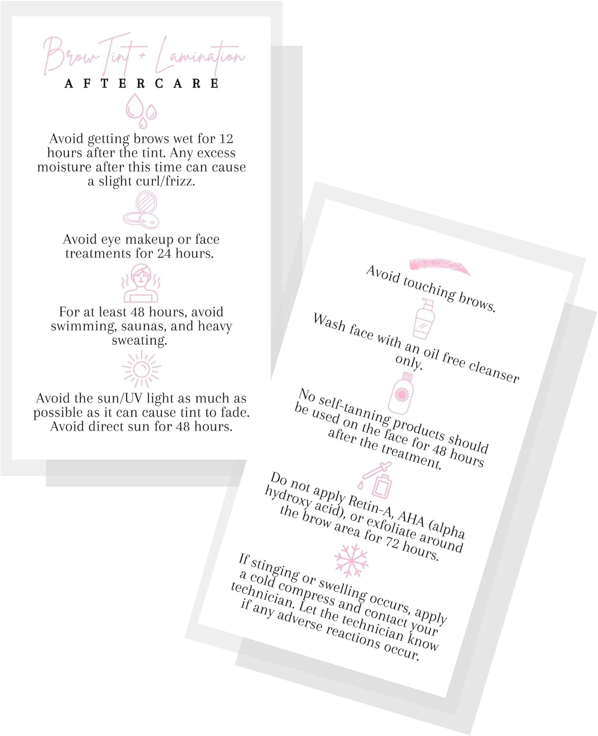Brow Tint and Lamination Aftercare Instruction Cards | 50 Pack | Pink Minimalist Simple for Kit Henna Client Cards Eyebrow Kit Handout with Intake Forms Business Card 2X3.5&rdquo; Each image number 1