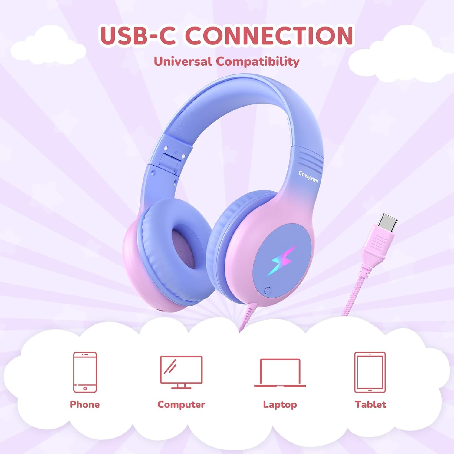 Cowyawn Kids Headphones Wired with Microphone, USB Type C Kid Headphone with LED Lights, 85/94Db Volume Limit, Over-Ear Wired USB C Headphones for Boys/Girls/School/Travel/Ipad, Purple-Pink Gradient