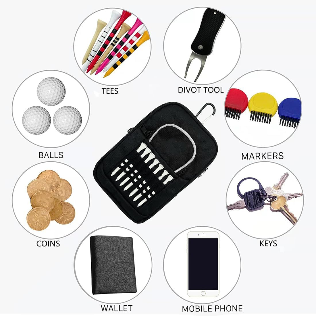 Golf Bag Pouch for Balls and Accessories | 3 Zipper Pockets | Detachable Clip | Store up to 15 Balls | Front Tee Holder Holds 7 Cleats image number 5