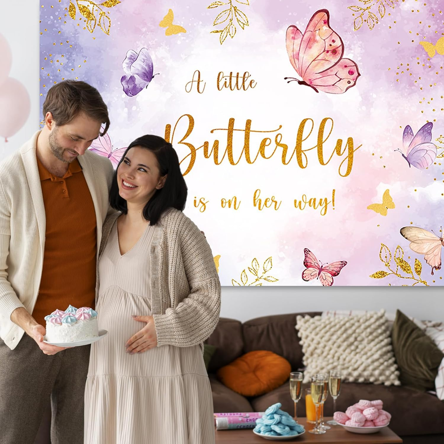 APROPHIC 7 X 5 Feet Butterfly Baby Shower Background a Small Butterfly Is on the Way Party Background Purple and Pink Butterflies Photography Background Girls Female Party Banner image number 4