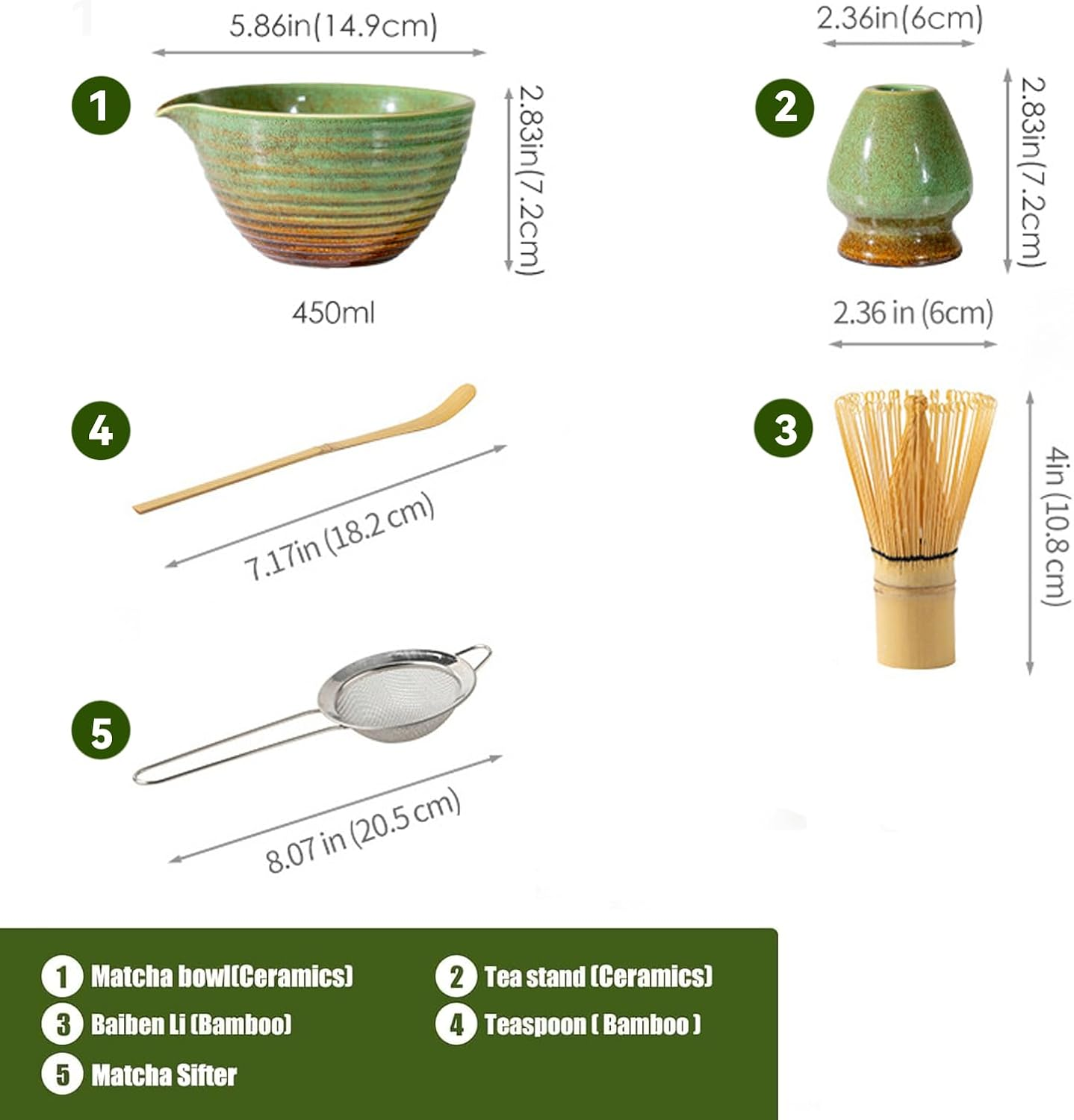 Matcha Set, Japanese Tea Set Includes Matcha Bowl with Spout, Matcha Whisk Holder, Bamboo Matcha Whisk and Sifter Scoop, 17 Oz Mottled Tea Green Glaze Ceramic Matcha Kit for Tea Lovers image number 3