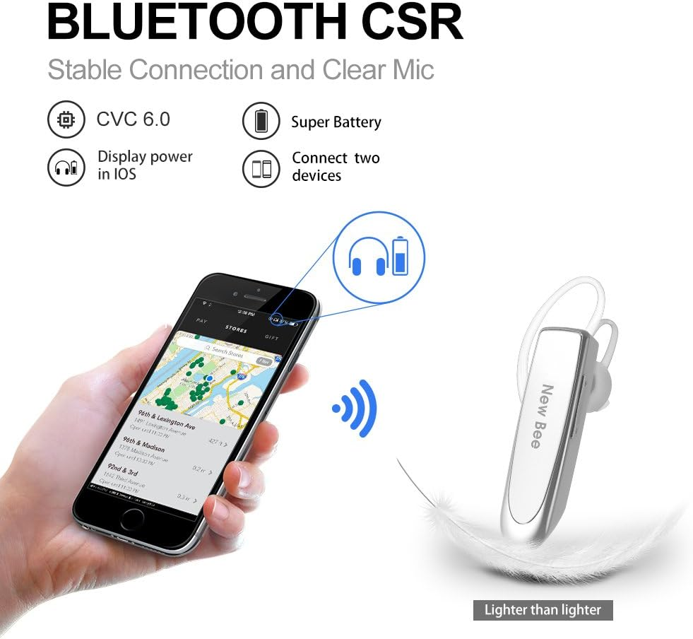 Bluetooth Headset Handsfree Wireless Bluetooth Earpiece New Bee Driving Earphone with Noise Cancelling Microphone 24 Hrs Talk Time Business In-Ear Headphones Earbuds for Apple Iphone X 8 7 6 6S, Samsung Galaxy, HTC, LG, SONY, PC, Laptop (White) image number 6