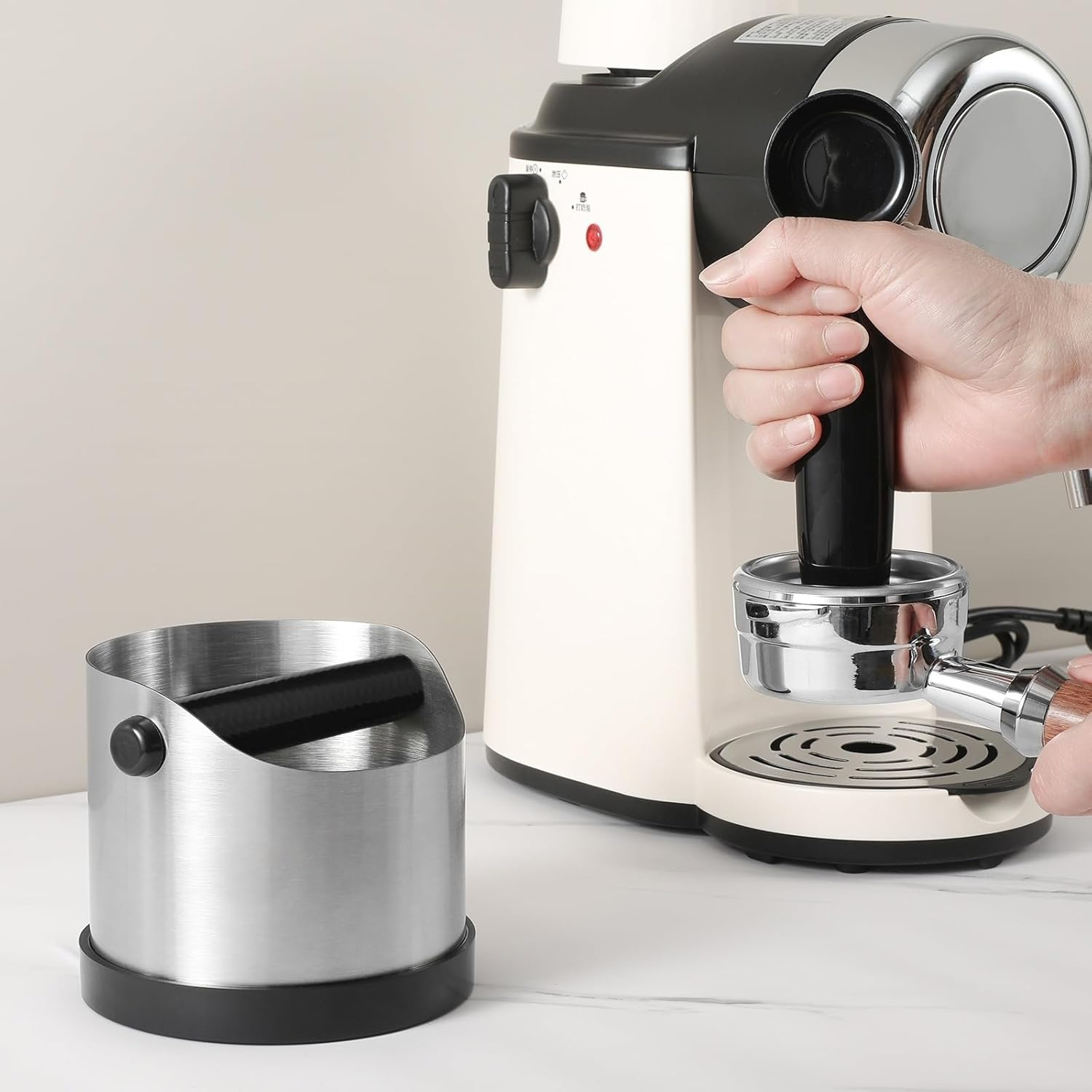 CHDEXU Coffee Grounds Knock Box, Small Stainless Steel Espresso Coffee Knock Box, Coffee Grind Knock Out Box with Removable Knock Bar and Coffee Brush, Coffee Grounds Container with Non-Slip Base