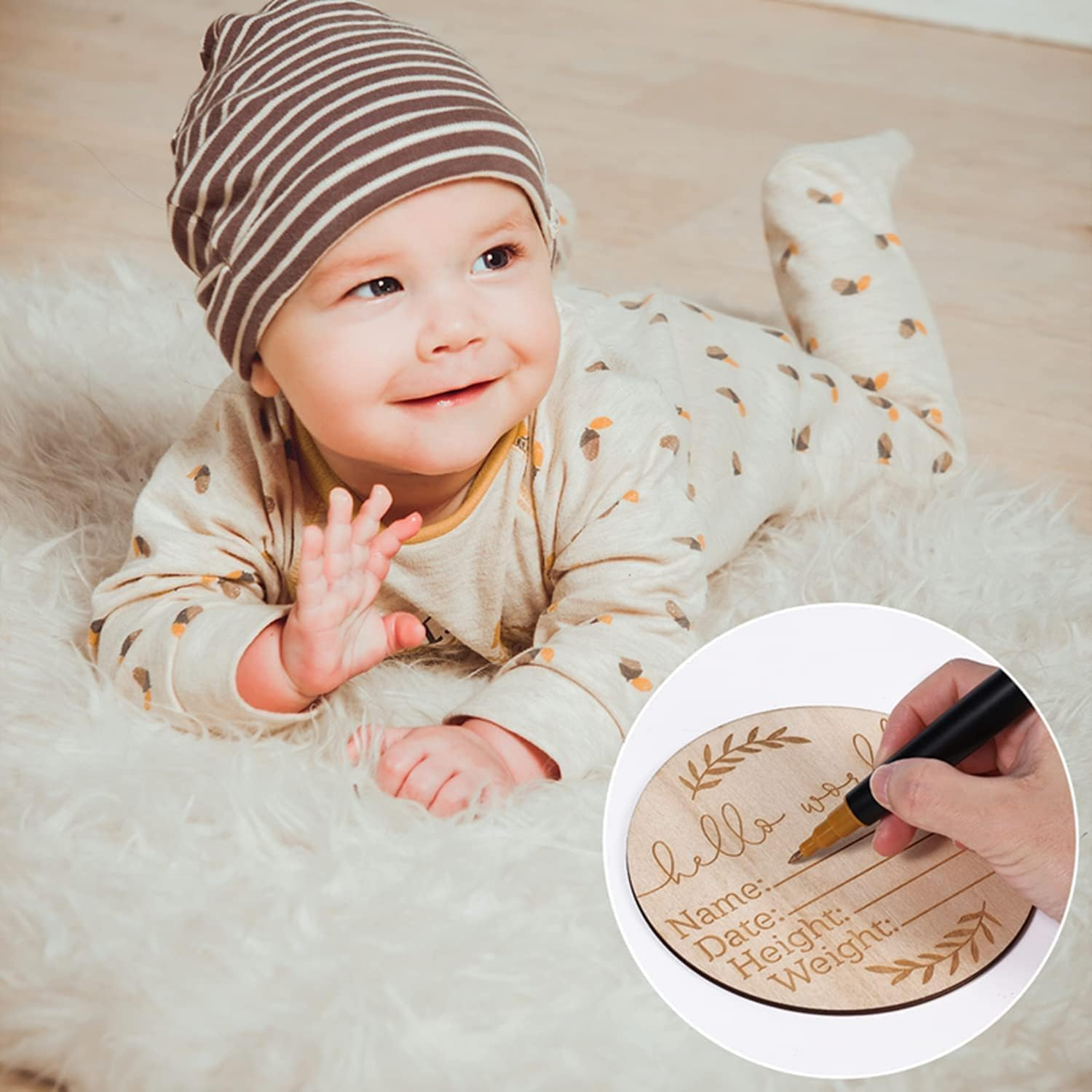 Birth Announcement Sign, 15Cm Wooden Baby Announcement Sign, Hello World Newborn Sign, Baby Name Announcement Sign for Photo Prop Baby Shower Nursery Gift (Round) image number 3