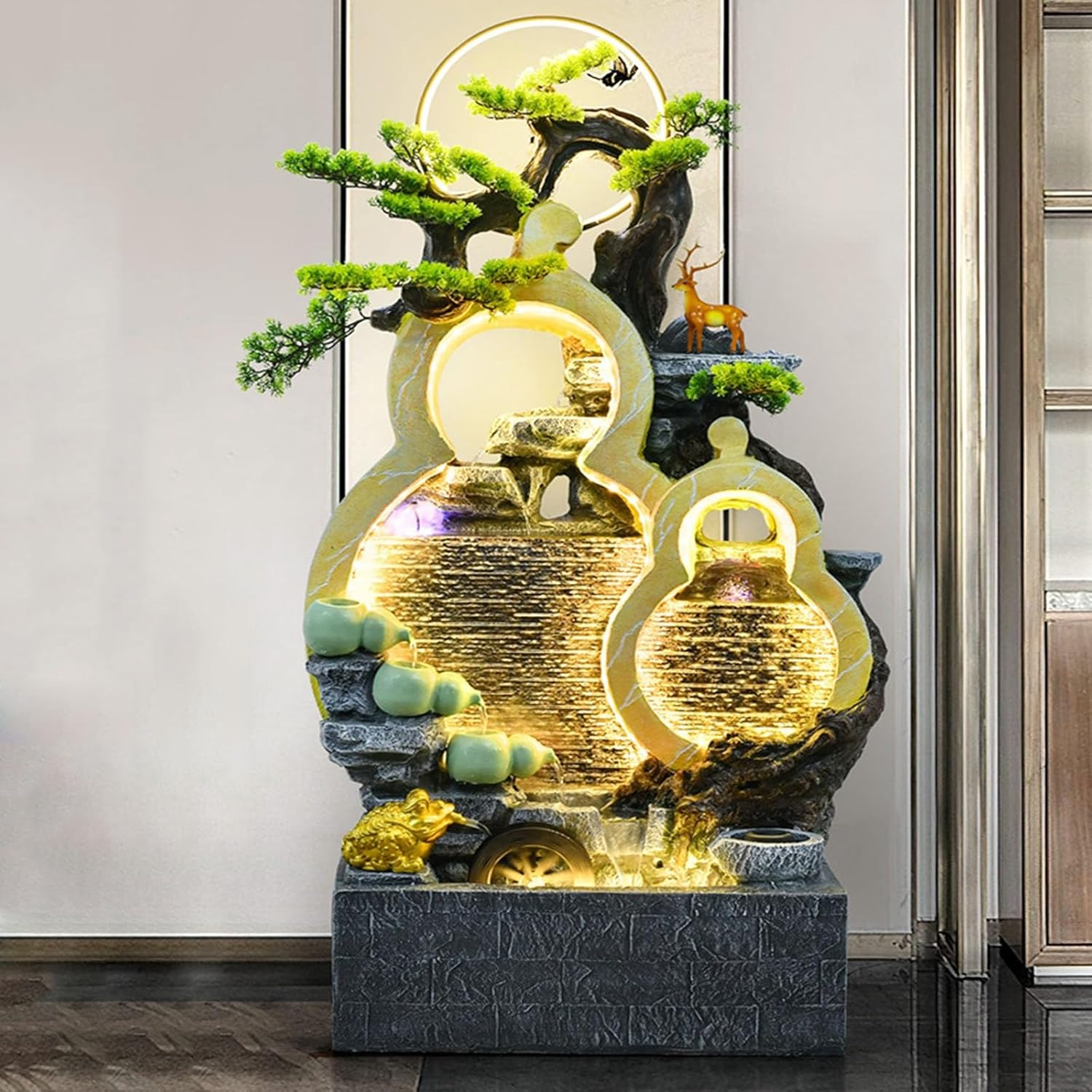 Outdoor Fountain Floor Standing Gourd Water Fountain, Indoor Freestanding with Mist, LED Lights and Simulated Greenery, Feng Shui Office Home Decor for Good Luck Wealth(Black)