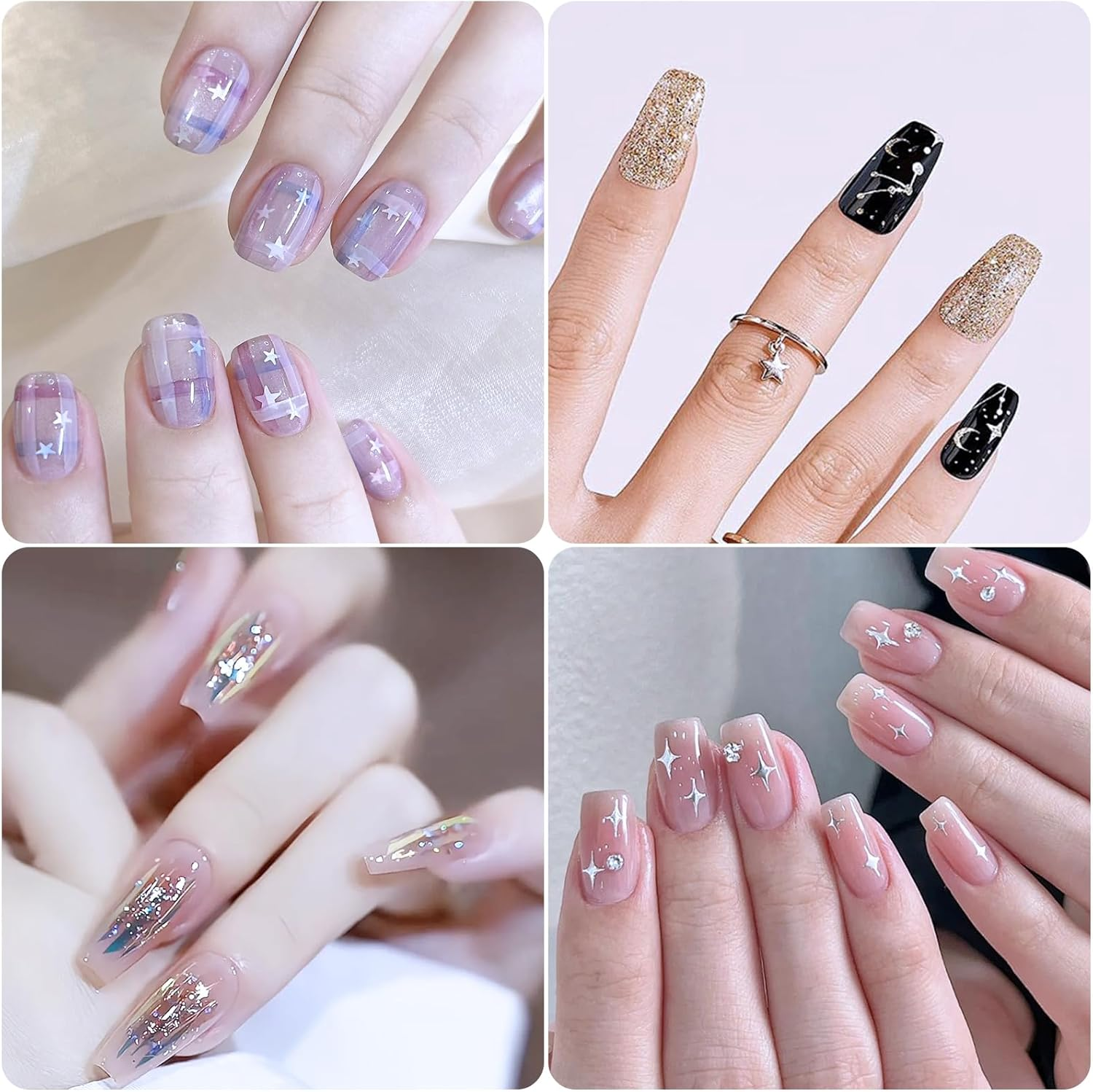 Bigqin 12 Sheets Nail Stickers 3D Aurora Silver Star Moon Planet Heart Nail Decor Water Resistant,Self Adhesive Nail Decals for Women Girl DIY Nail Design, Tweezers and Nail File Included image number 3