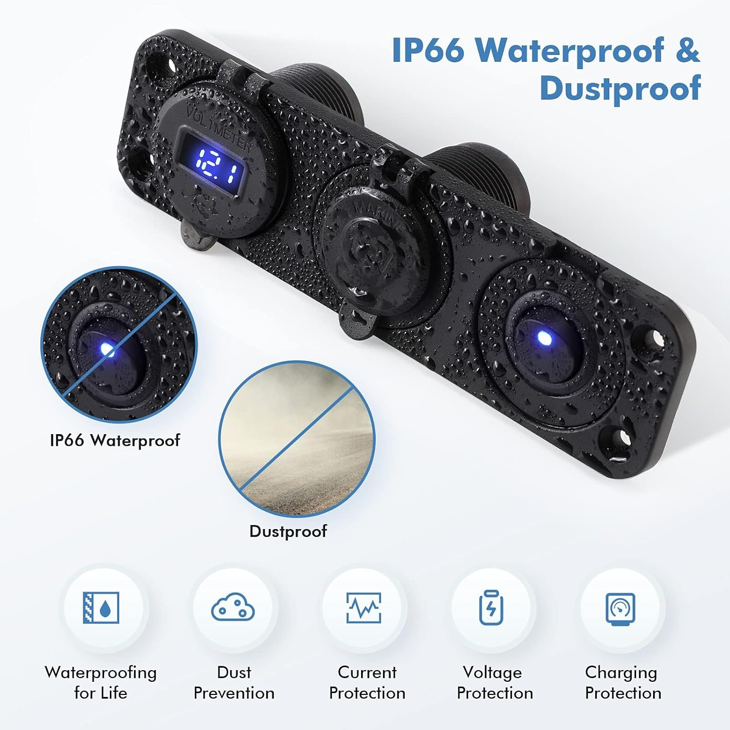 BLAZDEVE 3 in 1 USB Socket Panel, Dual QC 3.0 Car USB Charger, Cigarette Lighter Socket with LED Digital Voltmeter and ON/OFF Toggle Switch for 12V/24V Vehicles, Boat, Truck, Caravan image number 1