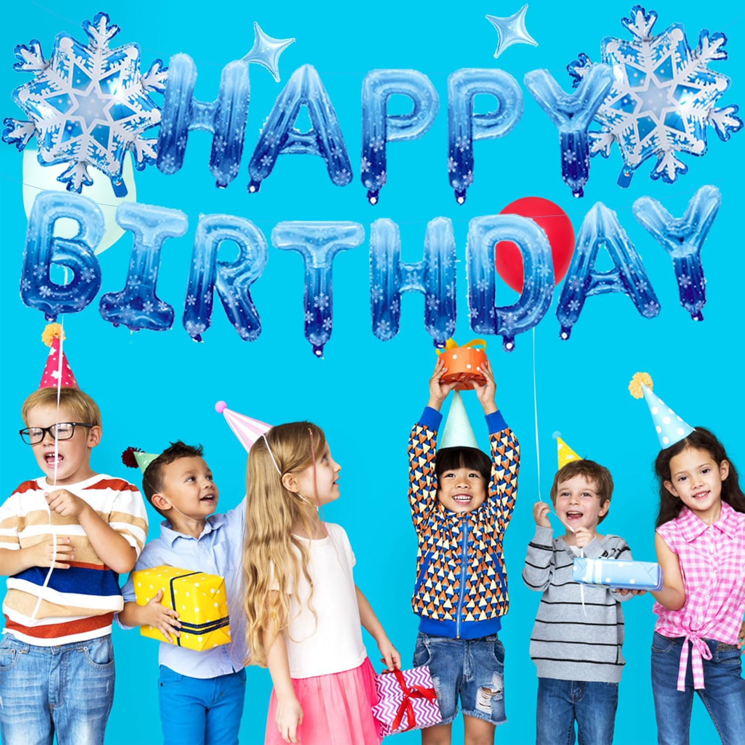 Blue Snowflake Happy Birthday Foil Balloon Banner Set for Winter Wonderland Birthday Party Decorations image number 1