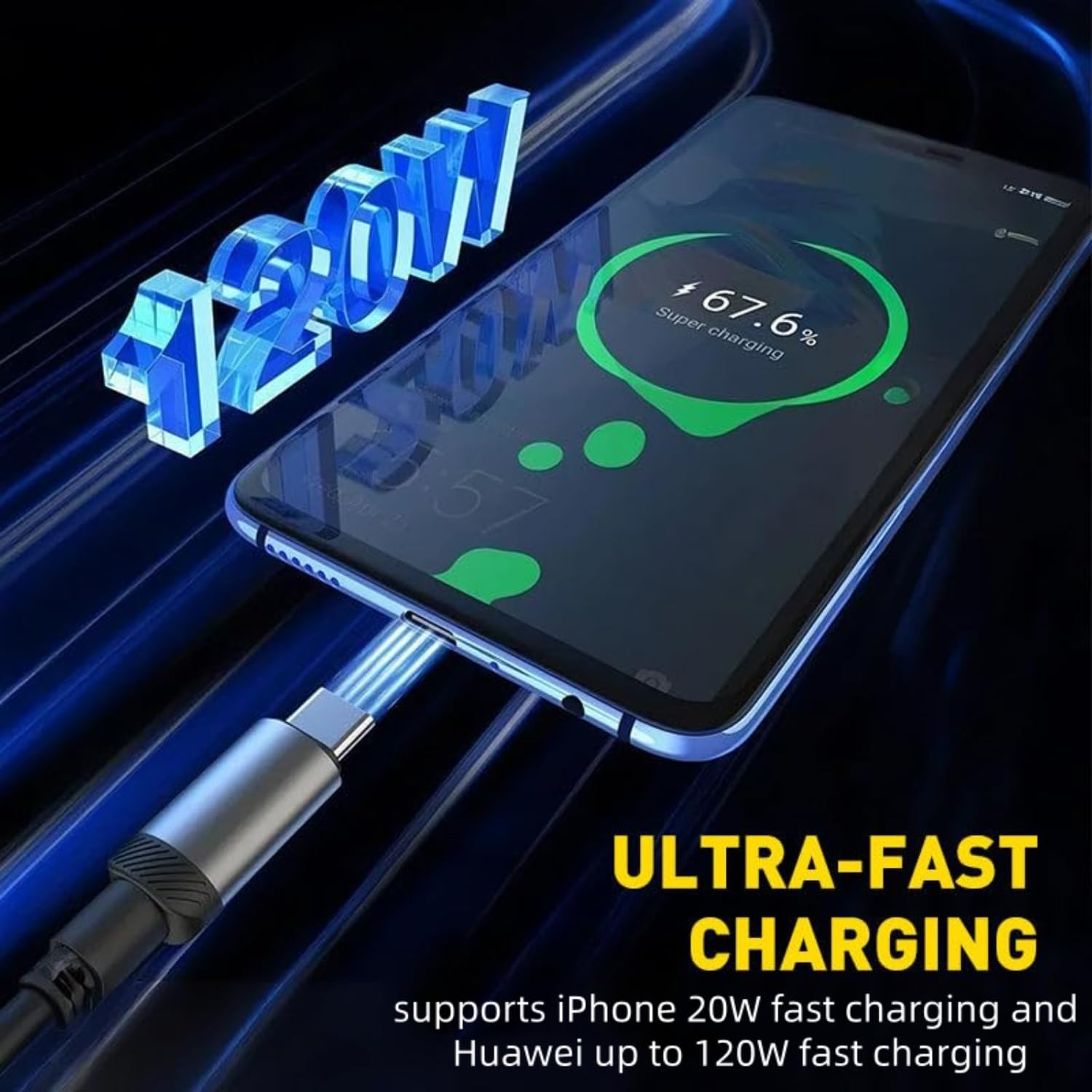 USB C Fast Charging Cable 120W 3 in 1, 2M/6.6Ft Nylon Braided Cord with LED Display, Universal Charger for Iphone 16/15/14/13, Samsung, Android, Pad, Type-C & Micro-Usb Devices image number 6