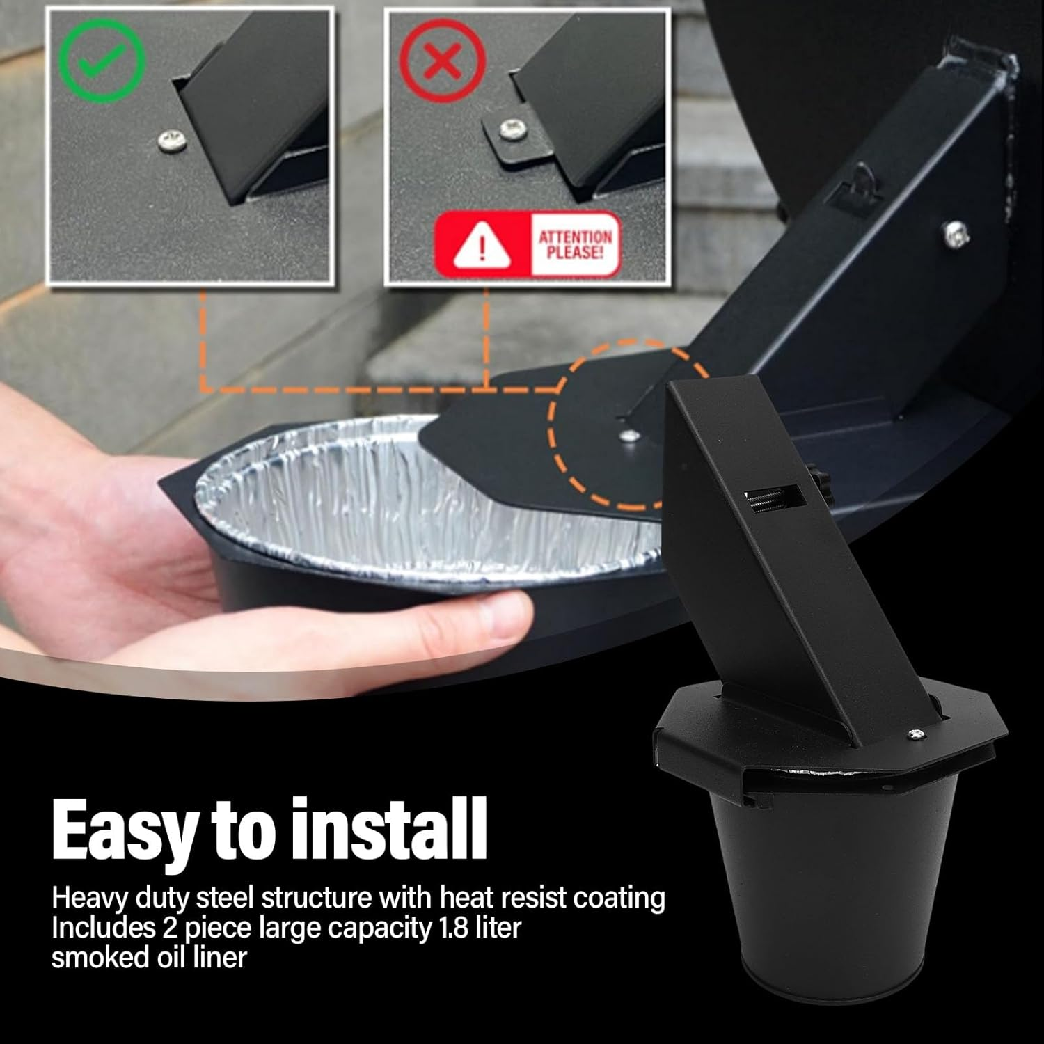 Smoker Grease Catcher, Heavy Duty Steel Heat Resist Drip Bucket, with 12 Pack Foil Liner, for Traeger, Pit, Z Grills, Recteq, for Outdoor Grills image number 4