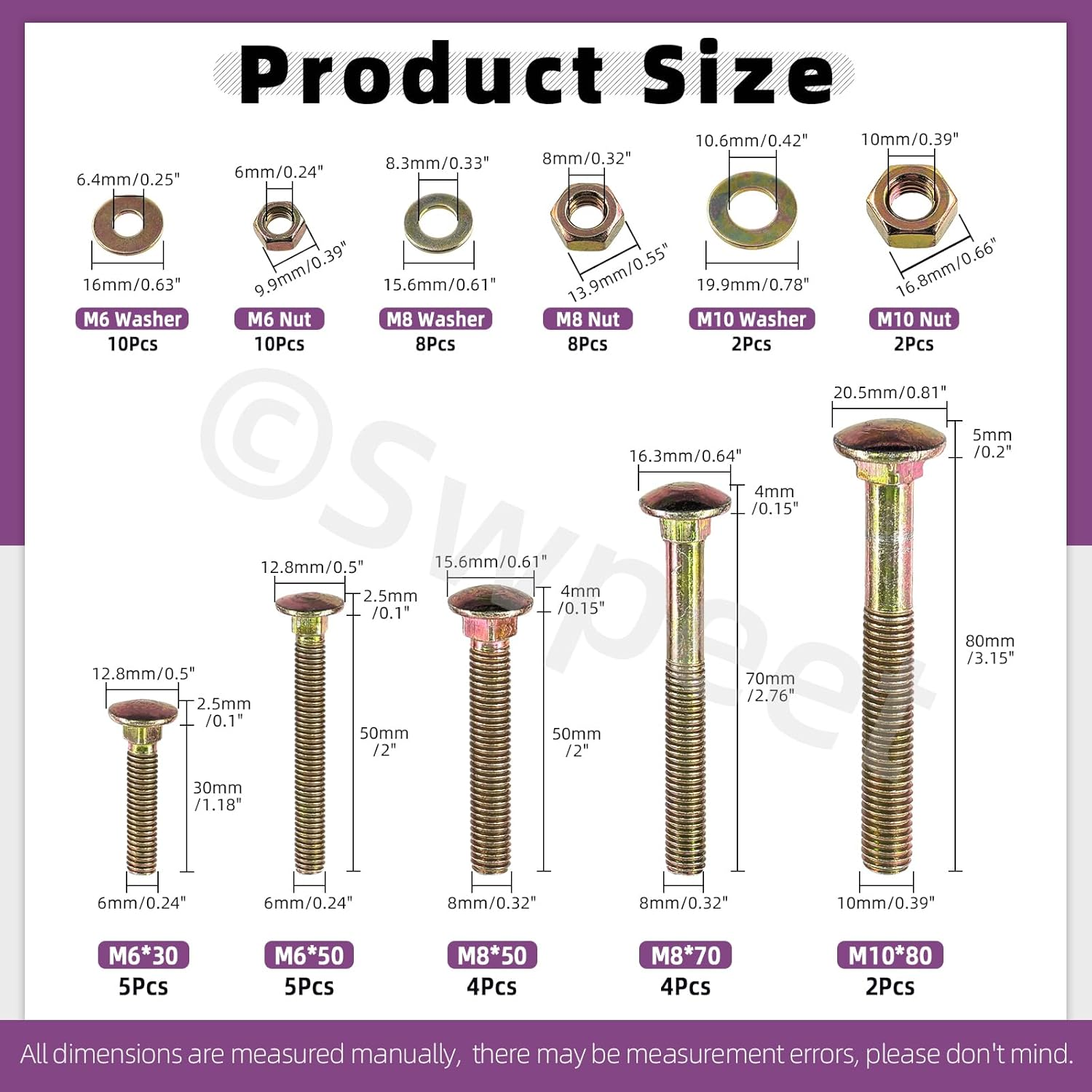 Swpeet 60Pcs 5 Sizes M6&times;30 M6&times;50 M8&times;50 M8&times;70 M10&times;80 Colored Zinc Plated Carriage Bolts Screws Nuts Washers Assortment Kit, round Head Square Neck Screws, Full Thread Carriage Bolts