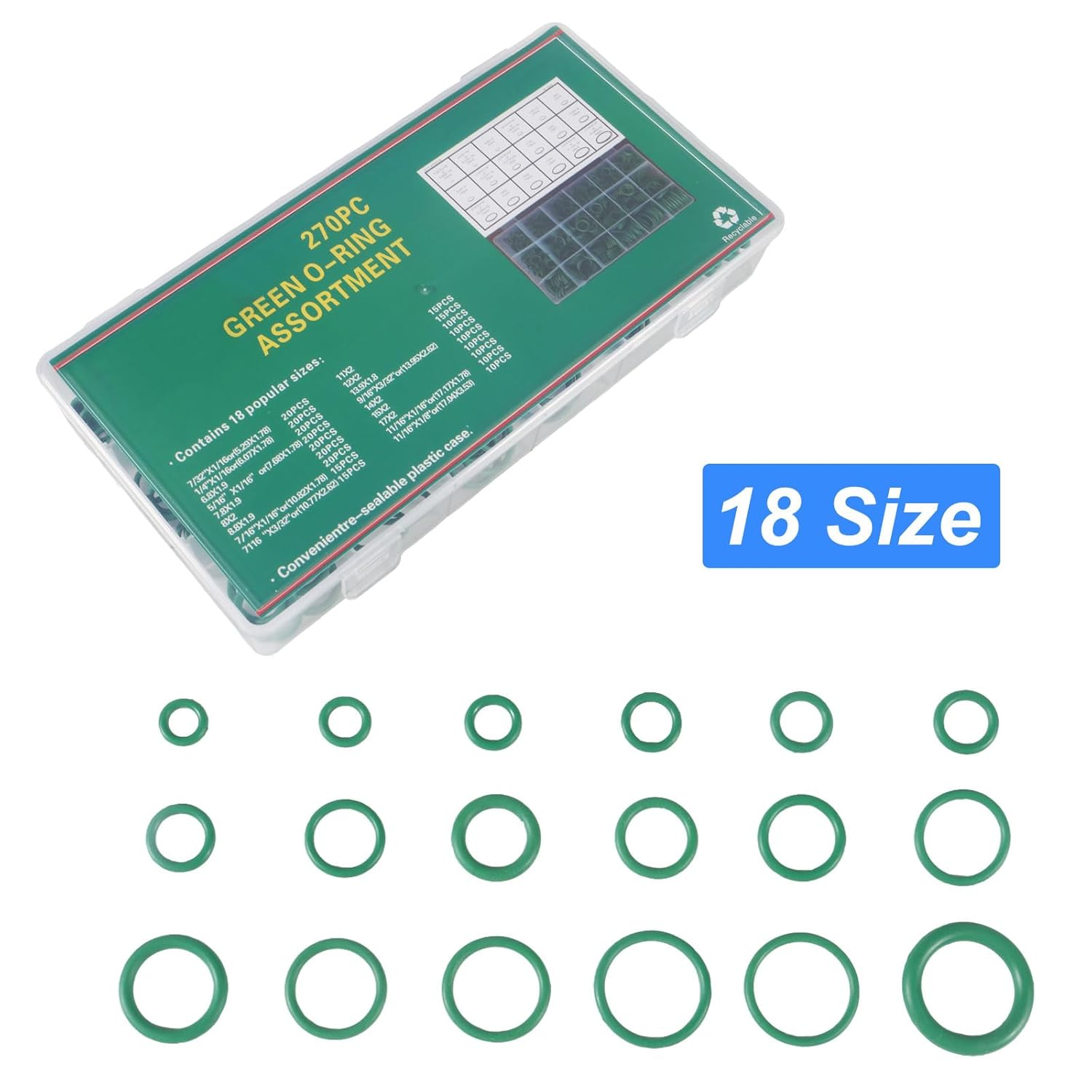 DIANN 270Pcs O Ring Kit Rubber 18 Sizes O-Ring Car Auto Vehicle Repair Air Conditioning Compressor Seals Assortment Kit image number 3