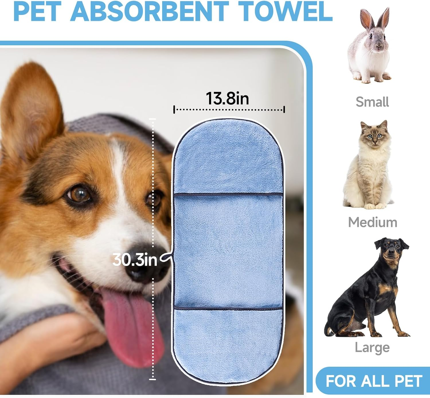 KUEIOX Dog Washing Gloves - Quick Drying Dog Towel,Cat Bath Grooming Gloves Brush with High-Density Teeth for Bathing Massaging，Absorbent Pet Bath Towel 30.3"X13.8" with Hand Pocket for Dog Cat (Blue) - Blue image number 2