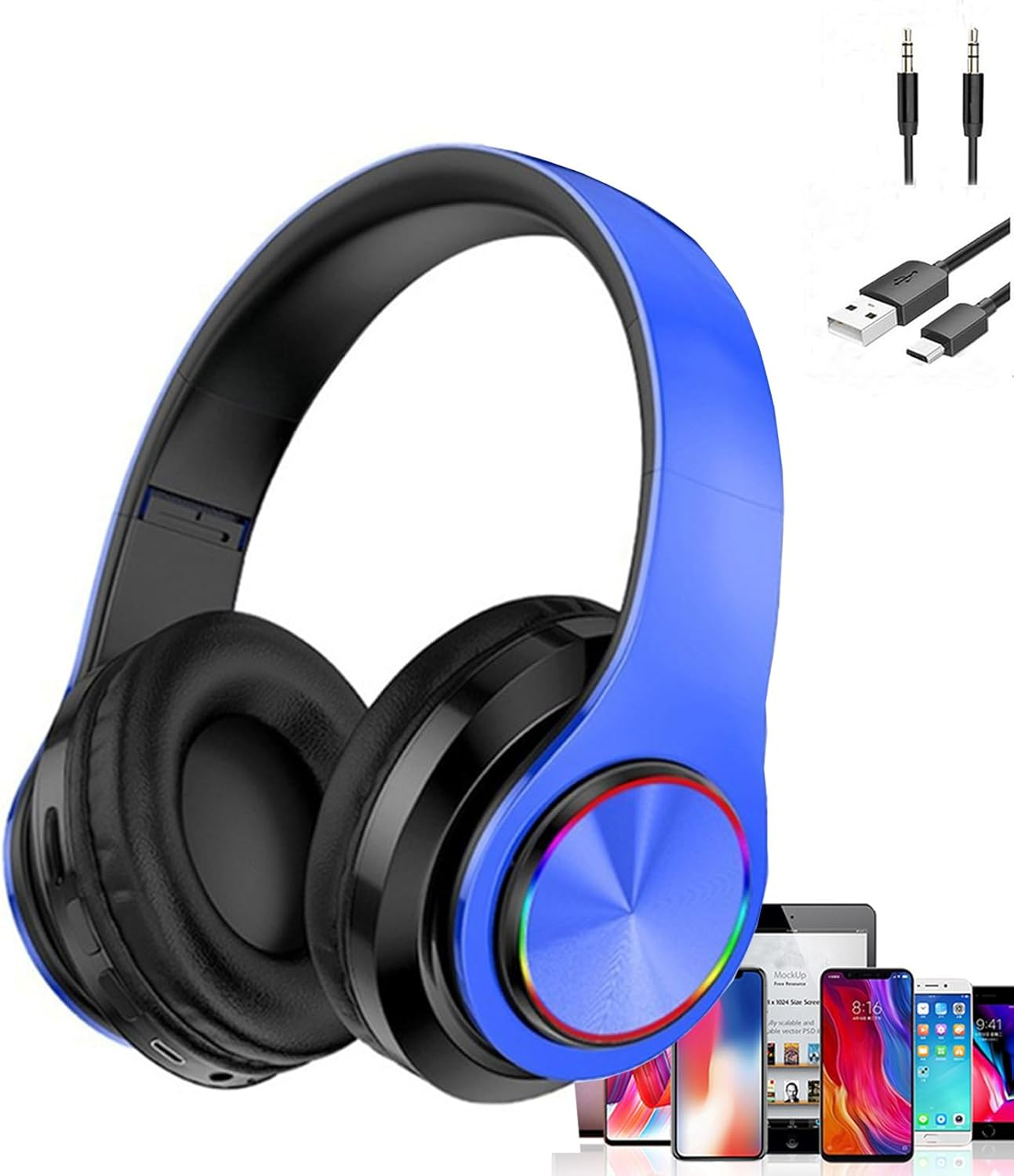 ESSGUO over Ear Kids Bluetooth Headphones, Colorful LED Lights Headphones with Built-In Mic, Wired & Wireless Lightweight Foldable Hifi Stereo Headset for Gift, Tablet, Adult, Game(White)