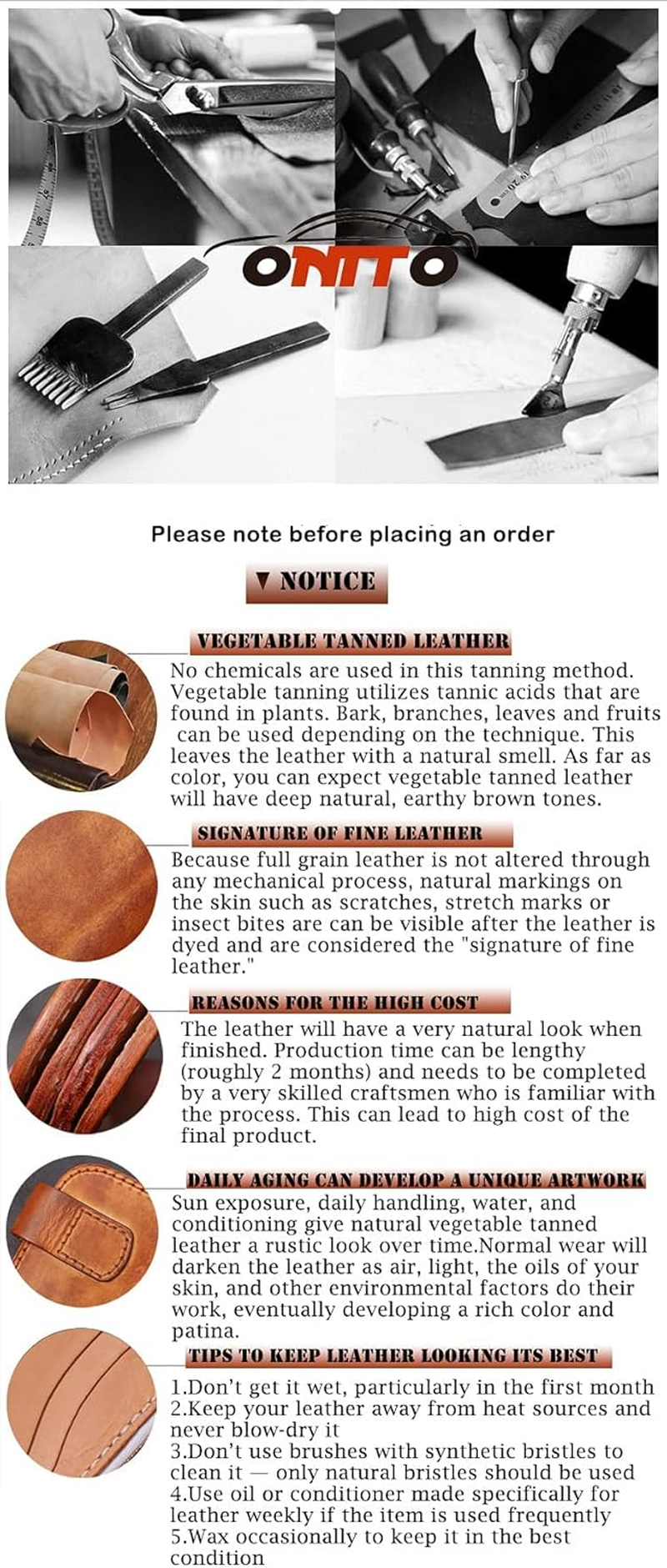 Ontto Key Fob Cover Fit for Mini Cooper F54 Clubman F55 F56 F57 F60 Countryman 3 Buttons Vegetable Tanned Leather Key Case Keychain Keyring Keyless Accessories Brown - Black image number 4