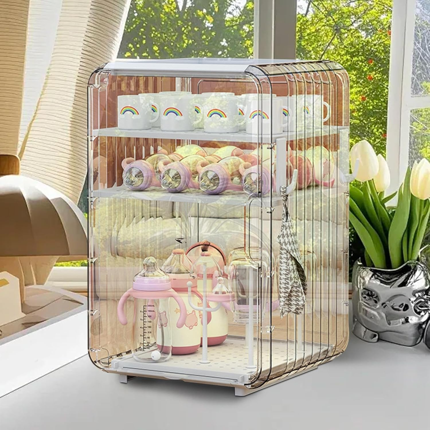 Baby Bottle Organizer Storage Drawer, 3/4 Floors Toddler Supplies Organizer, Vertical Dustproof Cups Holder with Door, Water Tray at the Bottom, Removable Independent Compartment, for Nursery image number 3