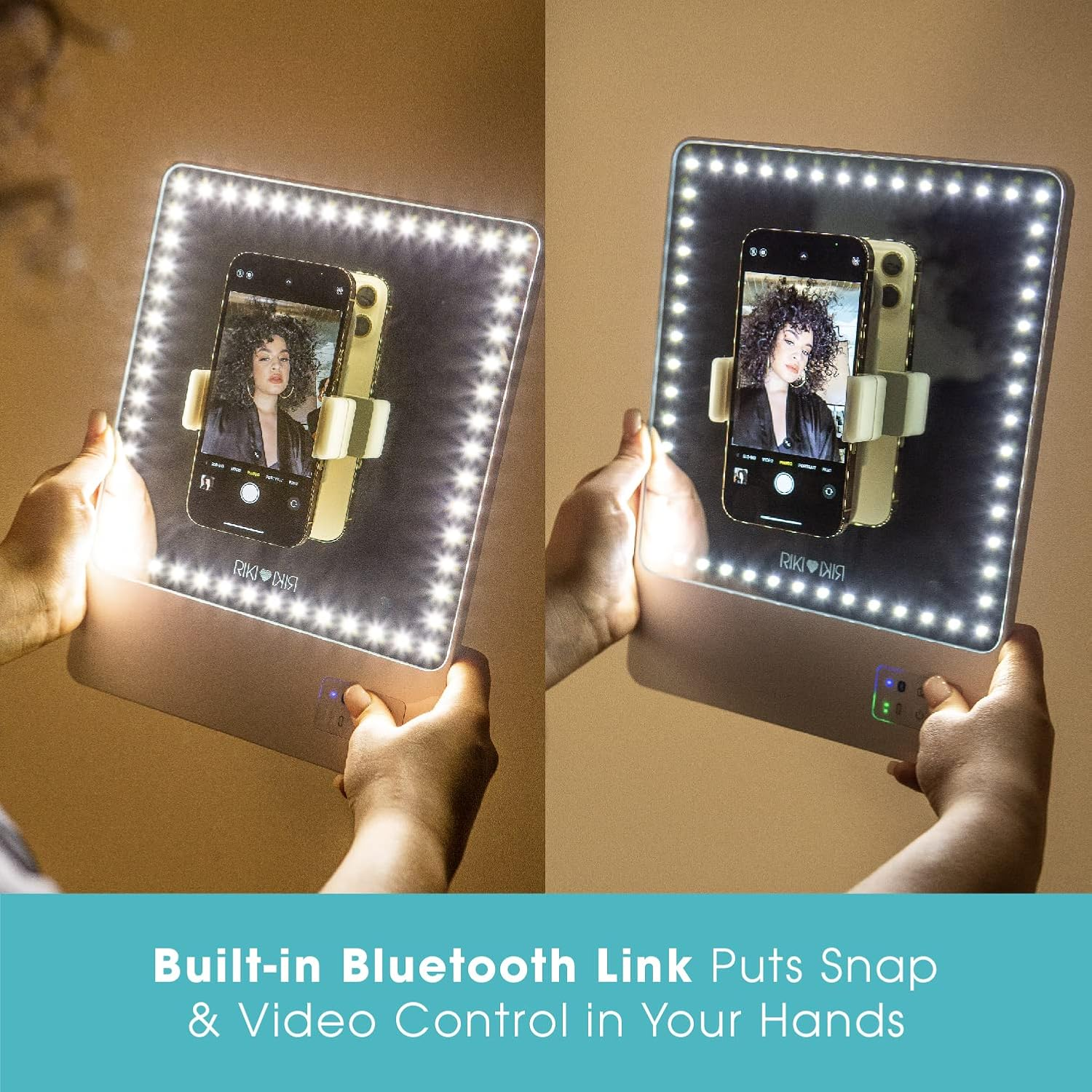 Riki Skinny Smart Vanity Mirror with HD Leds, Magnifying Mirror Attachment, Phone Holder and Bluetooth Control (5X Magnification, Champagne Gold)