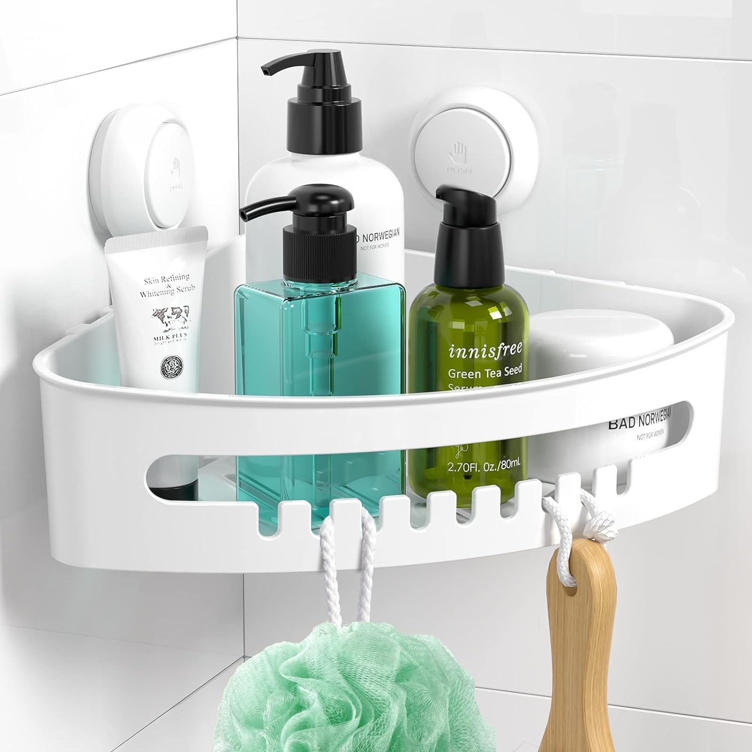 Ilikable Corner Shower Caddy, Vacuum Suction Cup Shower Organizer No-Drilling Removable Shower Shelf with Hooks Wall Mounted Corner Shower Storage Basket for Shampoo Conditioner Razors Soap - White image number 2
