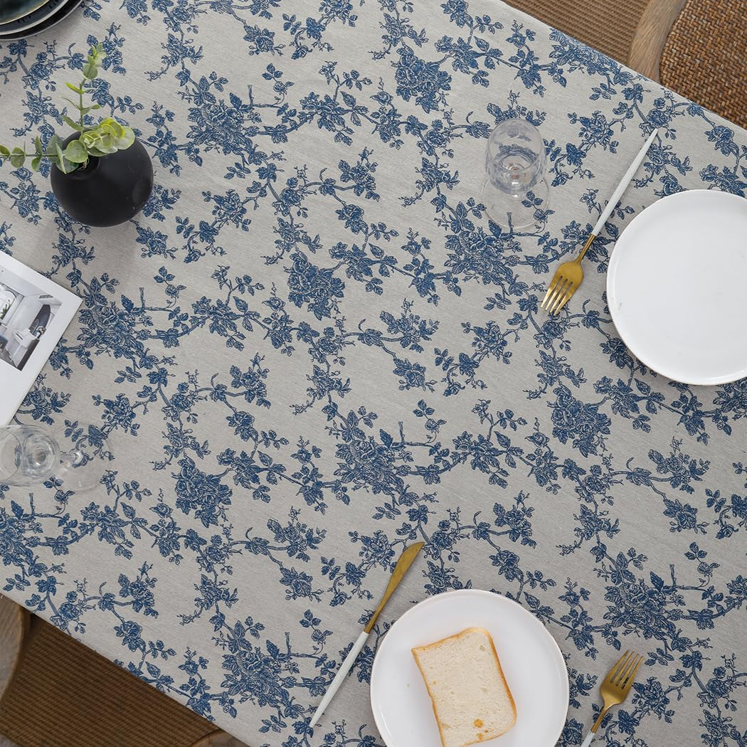 Anaado Cotton Linen Square Table Cloth for Dining Table, Table Cover 4 Seater, Vintage Blue Floral, 55''X55'' image number 2