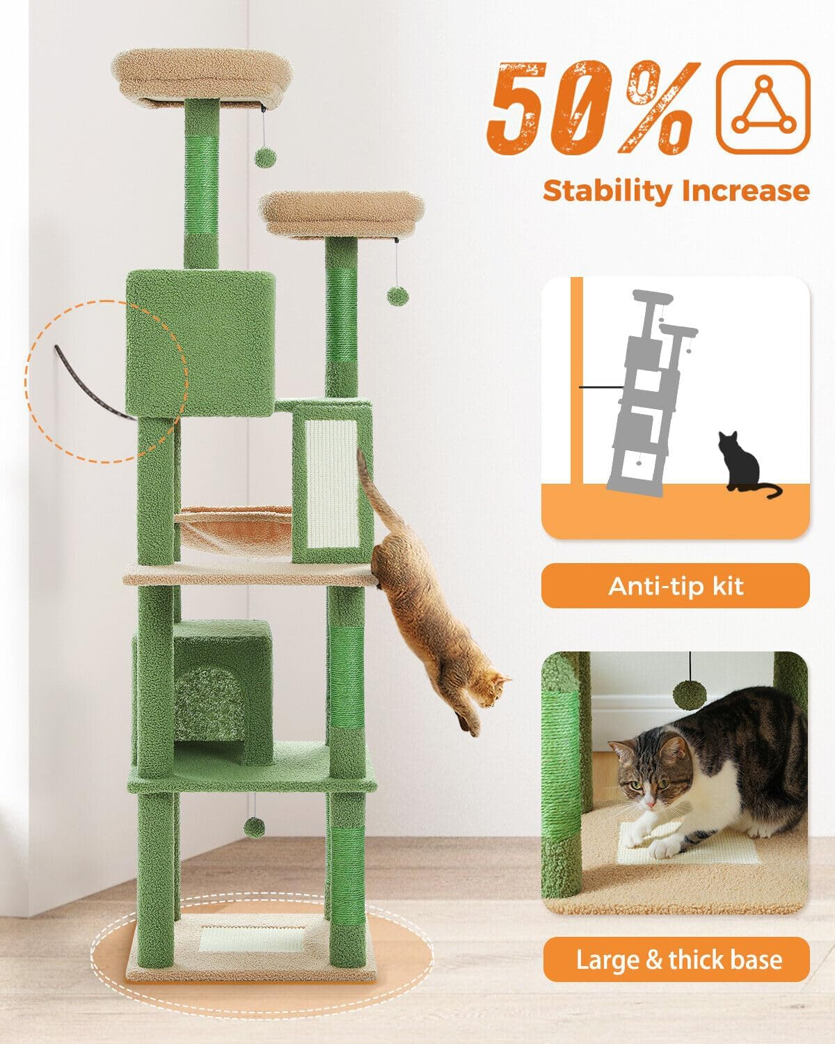 PAWZ Road 180Cm Large Cat Tree for Indoor Cats, Multi-Level Cat Tower Cat Scratching Post with 2 Perches, 2 Condos, Hammock and 2 Pompoms Green - Green image number 4