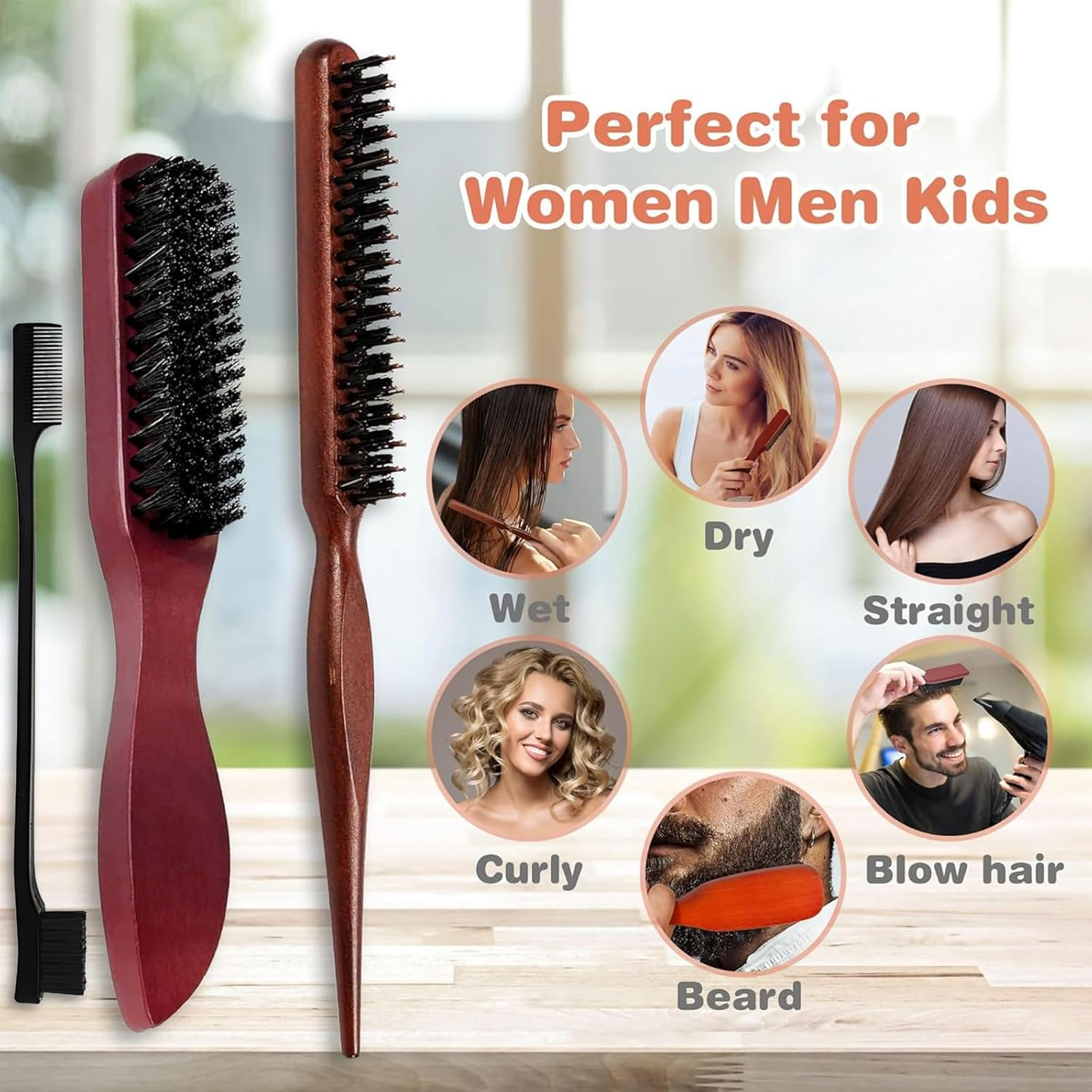 Kzvsiy 3 Pcs Boar Bristle Hair Brush Set, Detangling & Styling Combs for Hair and Beard, Soft round and Slick Back Combs with Eyebrow Brush for Men & Women image number 1