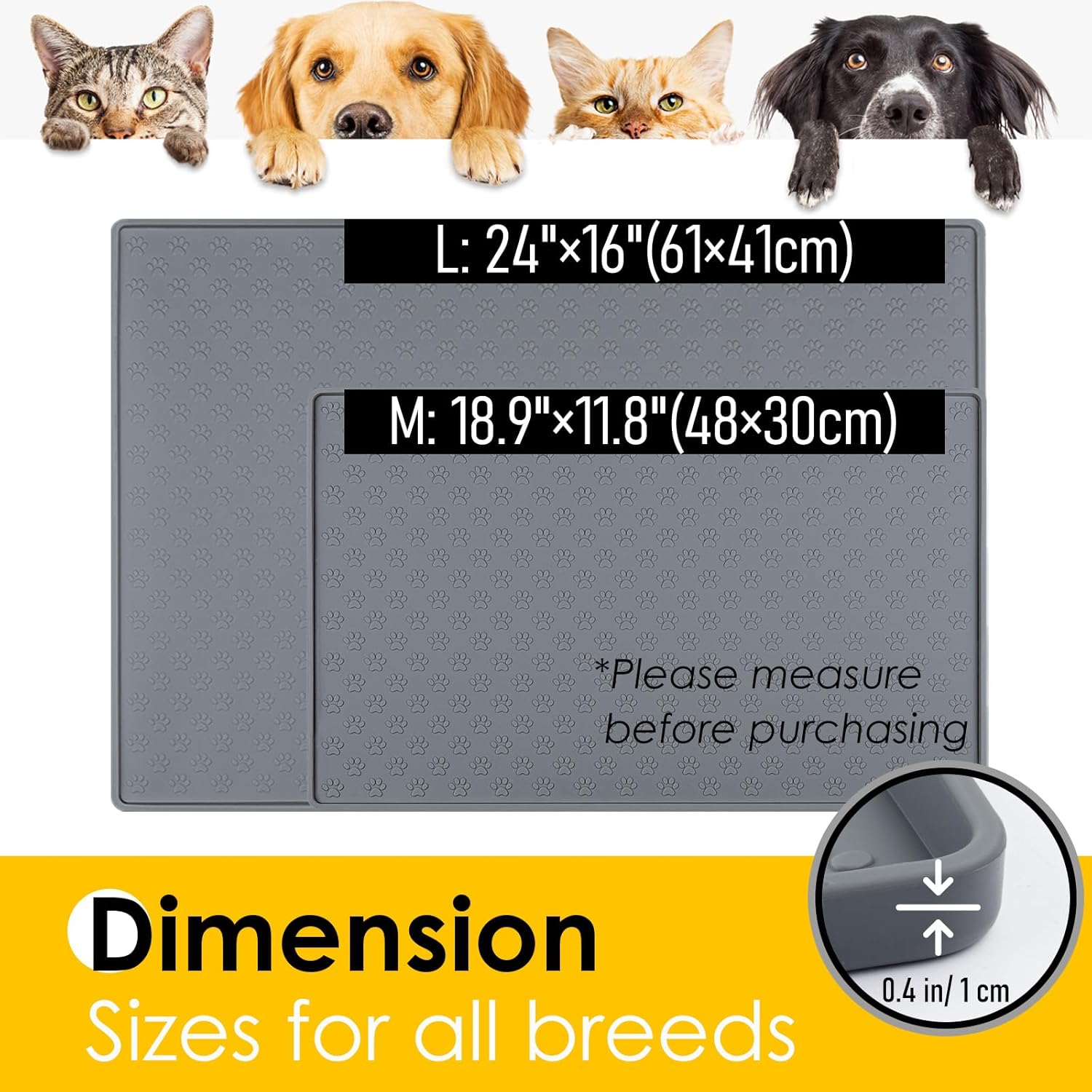 Silicone Dog Cat Food Mat, Waterproof Slip Resistant Raised Edge Pet Feeding Mats, Pet Bowl Mat Anti-Messy and Prevent Spill on Floor, Dishwasher Safe (Black, M: 18.9" X 11.8") image number 2