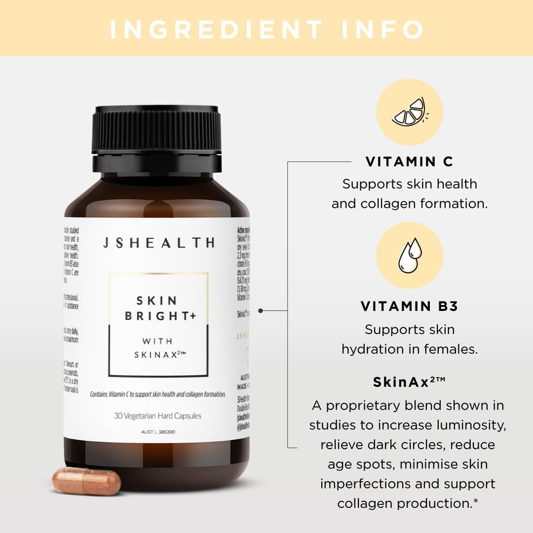 Jshealth Vitamins Skin Bright+ Formula | Skin Supplement with Zinc | Vitamin C Nicotinamide Grape Seed | Collagen Formation | Skin Hydration | (30 Capsules)