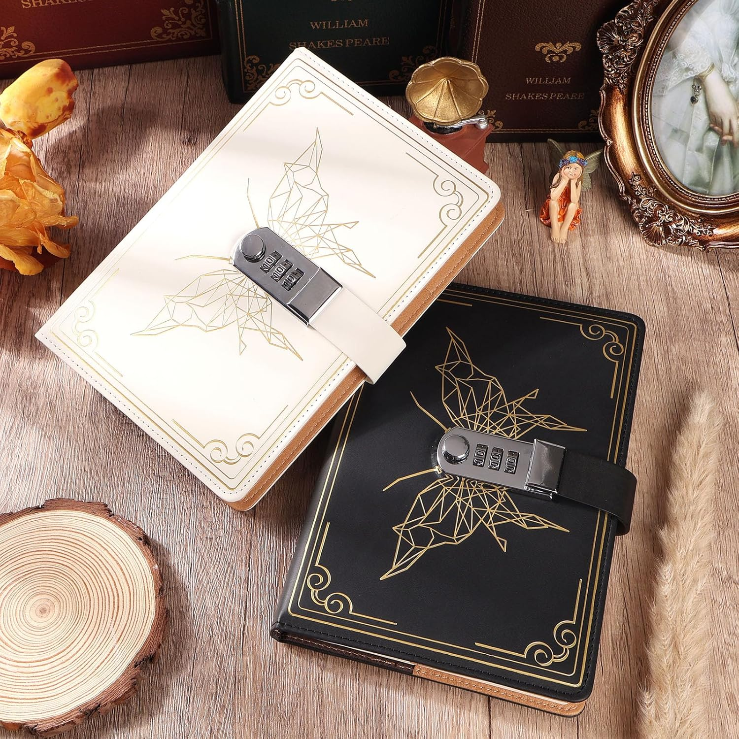 Literary Vintage Locking Leather Notebook,Beautiful Butterfly Pattern Compass, A5 Notebook for Women and Men image number 3