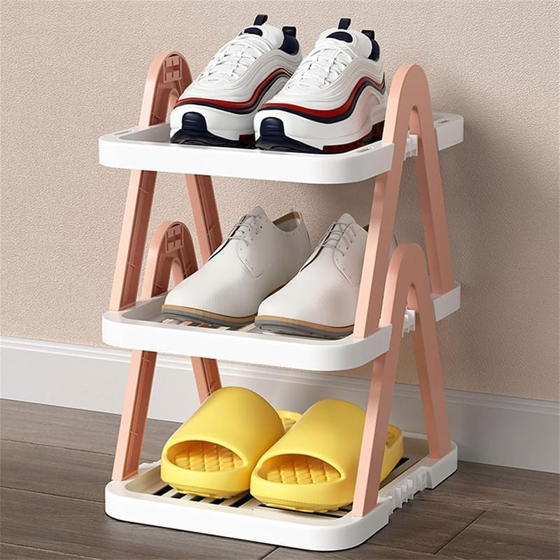 AIMALL 2/3 Tier Foldable Shoe Rack with Adjustable Height, Plastic Removable Storage Shelf for Entryway Bedroom Kitchen, Space-Saving Shoe Organiser Pink Blue image number 1