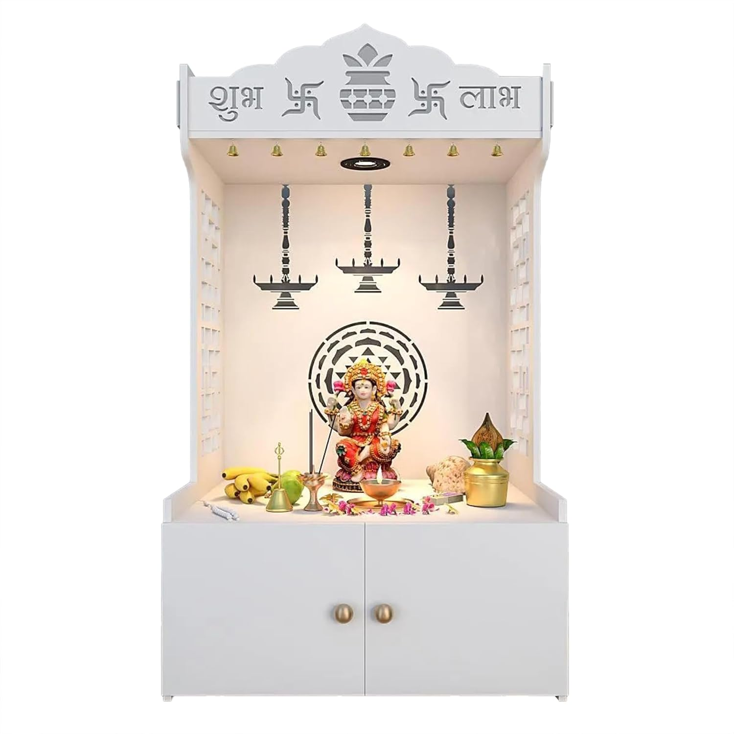 Divine Timeless Wooden Temple for Home with Inbuilt Focus Light- White Color Finish image number 2