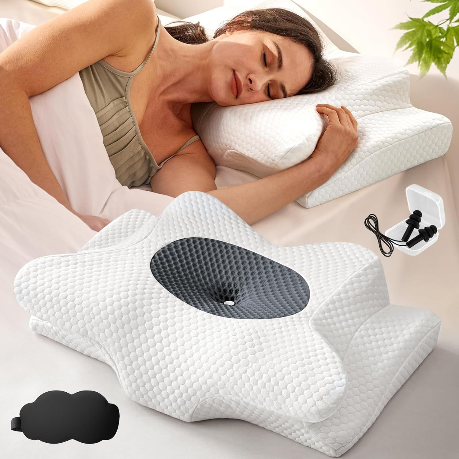 Cervical Neck Pillow Latex Orthopedic Ergonomic Pillows for Neck Pain Relief Side Sleeper Pillow for Neck Support Memory Foam Pillow for Side Back & Stomach Sleepers with Earplugs​ Sleep Mask